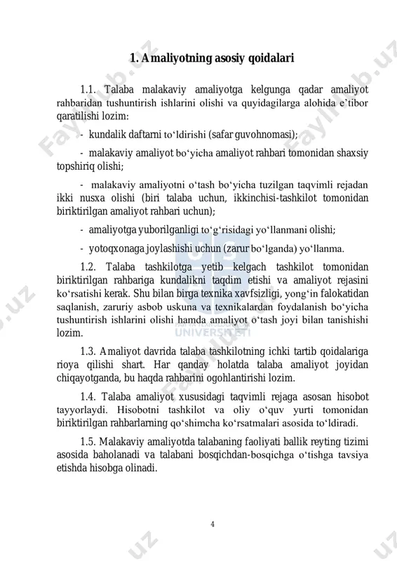 nazorat qilib boriladi. 6 2. amaliyot davrida bajariladigan ishlar rejasi t/r ishning nomi kunlik soat miqdori bajarilganligi toʻgʻrisida izoh amaliyot rahbarlarining imzosi: oliy oʻquv yurtidan “ ” 20 y. tashkilotdan “ ” 20 y. 7 3. amaliyotchi-talaba _________________________________________________________________ talabaning f.i.sh. «_______» sinf oʻquvchilari roʻyxati № oʻquvchilarning f.i.sh. fanlar boʻyicha oʻrtacha oʻzlashtirishi jamoat ishlarida faolligi (yaxshi/qoniqarli/ yomon) 8 4. kundalik hisoboti bajarilgan ishlarning qisqacha mazmuni (xulosa va takliflar) 20____yil «____» «____________» 9 bajarilgan ishlarning qisqacha mazmuni (xulosa va takliflar) 20____yil «____» «____________» 10 bajarilgan ishlarning qisqacha mazmuni (xulosa va takliflar) 20____yil «____» «____________» 11 bajarilgan ishlarning qisqacha mazmuni (xulosa va takliflar) 20____yil «____» «____________» 12 bajarilgan ishlarning qisqacha mazmuni (xulosa va takliflar) 20____yil «____» «____________» 13 bajarilgan ishlarning qisqacha mazmuni (xulosa va takliflar) 20____yil «____» «____________» 14 bajarilgan ishlarning qisqacha mazmuni (xulosa va takliflar) 20____yil «____» «____________» 15 bajarilgan ishlarning qisqacha mazmuni (xulosa va takliflar) 20____yil «____» «____________» 16 bajarilgan ishlarning …