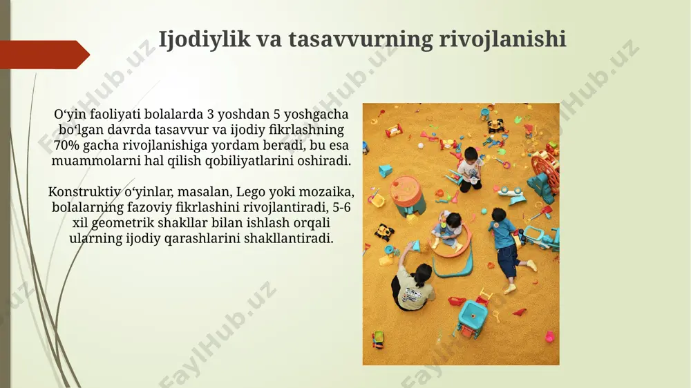 onal rivojlanishiga sezilarli ta'sir ko'rsatadi, guruhlarda ishlash, hamkorlik qilish va muloqot ko'nikmalarini rivojlantirishda 30% ga yordam beradi. maktabgacha ta'limda turli xil o'yin turlari (konstruktorlar, rollli o'yinlar, didaktik o'yinlar) qo'llanilishi, bolaning kognitiv qobiliyatlarini 40% ga oshirib, muammolarni hal qilish va mantiqiy fikrlashni rivojlantiradi. o'yin faoliyatini tashkil etishning metodikasi o'yin materiallarini tanlashda bolaning yosh xususiyatlarini va o'yinning maqsadlarini hisobga olish, 5 ta asosiy hissiy holatni (quvonch, qayg'u, g'azab, qo'rquv, hayrat) aks ettiruvchi o'yinlarni kiritish tavsiya etiladi. o'yin faoliyatini tashkil qilishda 3-5 yoshli bolalar uchun 20-30 daqiqalik o'yin sessiyalarini rejalashtirish, ularning e'tiborini saqlash va charchoqni oldini olish uchun muhimdir. jismoniy rivojlanish va sog'lom turmush tarzini shakllantirish preschool yoshdagi bolalarda muntazam jismoniy faoliyat semirish xavfini 40% ga kamaytiradi va yurak-qon tomir salomatligini mustahkamlaydi, sog'lom turmush tarzini shakllantirishga yordam beradi. jismoniy faollikning 30 daqiqasi bolaning suyak zichligini oshiradi va 60% ga yaqin mushaklarini rivojlantiradi, sog'lom jismoniy rivojlanishga hissa qo'shadi. e'tiboringiz uchun rahmat @taqdimot_robot image1.jpg image2.jpg …