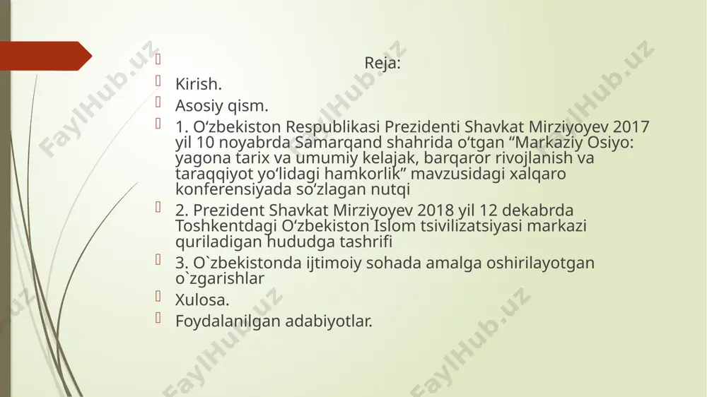 darcha» tamoyili bo‘yicha davlat xizmatlari ko‘rsatishni ta'minlash uchun birdarcha.uz veb-saytlari yaratildi. davlat xizmatlarini qayta ko‘rib chiqish va optimallashtirish natijasida tadbirkorlik subektlarini ro‘yxatga olishning tartib-taomillari 4-martaga, ro‘yxatga olish uchun zarur vaqt esa 30 daqiqaga qadar qisqartirildi. shu bilan birga, so‘nggi yilda amalga oshirilgan keng ko‘lamli ishlarning obektiv tahlili, davlat boshqaruvi organlari faoliyati, aholi bilan ochiq va to‘g‘ridan-to‘g‘ri muloqot natijalari mavjud muammo va kamchiliklarni tizimli hal etishga ehtiyoj vujudga kelganligini ko‘rsatdi. foydalanilgan adabiyotlar 1. o 'zbekiston respublikasining konstitutsiyasi. -т.: “ o 'zbekiston” , 1999. 2. k arim ov i.a. o 'zbekiston: milliy istiqlol, iqtisod, siyosat, m afkura. t. 1. -т.: o 'zbekiston, 1996. 3. karim ov i.a bizdan ozod va obod vatan qolsin. t.2. -t: “o 'zbekiston”, 1996. 4. k arim ov i.a. v atan sajdagoh kabi m uqaddasdir. т.3. -т.: “o 'zb ek isto n ” , 5. k aritnov l.a. bunyodkorlik y o lid a n т.4. -т.: “o 'zbekiston” …