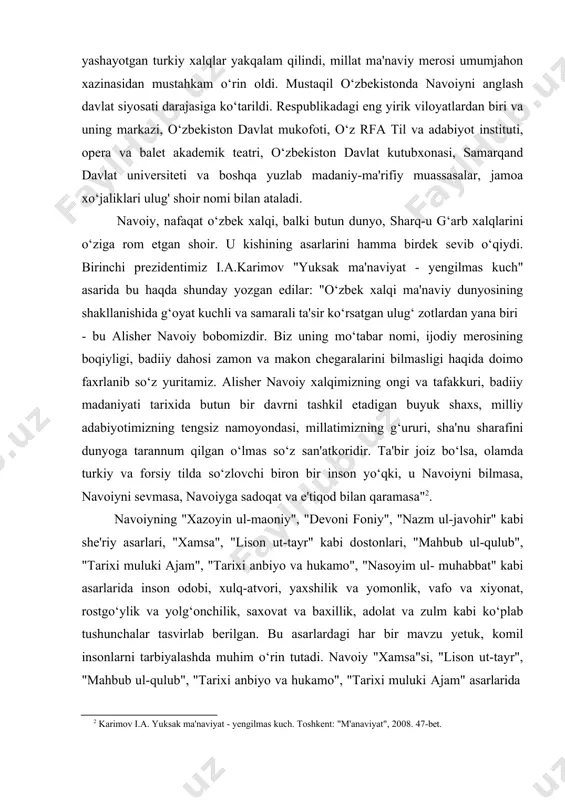 rizmlar, yani hikmatlarni o’rganish asosiy mavzu qilib olindi. ushbu hikmatlarni buyuk sharq mutafakkiri sa’diy sheroziyning ”guliston” asaridagi aforizmlar bilan qiyosan o‘rganish adabiyotshunoslikda maxsus tadqiq obyekti bo’lmaganligi bitiruv malakaviy ishimiz mavzuining dolzarbligini belgilaydi. mavzuning o‘rganilganlik darajasi. navoiyning “mahbub ul-qulub” asari yuzasidan ko’plab tadqiqot ishlari olib borilgan. ular katta-katta kitoblardan tortib, kichik maqolalar shaklida. bu jihatdan adabiyotshunoslar a.kononov, n.mallayev, a.rustamov, a.hayitmetov, a.habibullayev, sh.hayitov kabilarning tadqiqotlarini ko‘rsatish mumkin3. ushbu ishlarda “mahbub ul-qulub”ning matni, tilshunoslik bilan bog’liq jihatlari, janr xususiyatlari, manbalari va g’oyaviy-badiiy tahlili bilan bog‘liq ko’plab fikrlar keltirilgan bo’lsa-da, asardagi aforizmlar sa’diy ”guliston”idagi aforizmlar bilan qiyosiy jihatdan o’rganilmagan edi. bitiruv ishining maqsad va vazifalari. ushbu bitiruv malakaviy ishining asosiy maqsadi navoiy "mahbub ul-qulub” va sa’diy sheroziyning “guliston” 3навои а. возлюбленный сердец. сводный текст / подготовка текста а.кононова. – москва-ленинград: издательство ан ссср, 1948; маллаев н. ўзбек адабиёти тарихи. – т.: ўқитувчи, 1976; рустамов а. некоторые грамматические особенности языка «махбуб ул-кулуб» алишера навои. автореф.дис. …