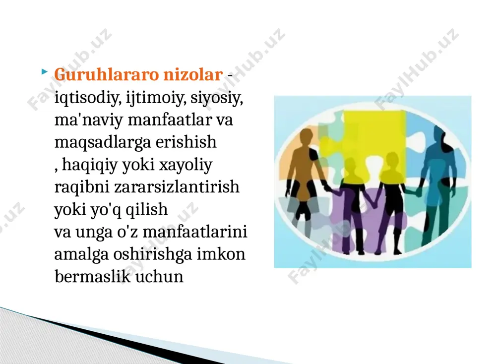 ga olib keladigan zarar etkazishga intiladigan (yoki majburlanadigan) guruhlararo o'zaro ta'sir turi . hukmonlik (dominary) - shunday guruhlararo o'zaro ta'sir, bunda bir guruh eng muhim narsada sezilarli ustunlikka ega bo'lib, buning natijasida u ikkinchisidan iqtisodiy, siyosiy, lingvistik va boshqalarda ustunlik qiladi. qo'shish - guruhlar o'rtasidagi o'zaro ta'sir turi, bu jarayonda ulardan biri yoki ikkalasi to'qnashuv, zarba, hujum va hokazolarni oldini olish uchun bir-biridan uzoqlashishga, uzoqlashishga yoki boshqasidan uzoqlashishga intiladi. qo'yilish - guruhlararo o'zaro ta'sir bo'lib, unda ziddiyatli guruhlardan biri ajralib chiqishga, boshqasidan uzoqlashishga, u bilan uchrashishdan qochishga intiladi , bu esa yoqimsiz, nomaqbul oqibatlarni va'da qiladi. turon - bir guruh (odatda kuch va kuch jihatidan past) kuchliroq ijtimoiy guruh assimilatsiya guruhlararo dinamikaning o'ziga xos turi bo'lib , u qaysidir muhim jihatdan bir guruh boshqasiga o'xshash bo'lib, uning muhim xususiyatlarini, xatti-harakatlar normalarini va boshqalarni o'zlashtiradi. guruhlararo tipologiya iqtisodiyoti konfolat sabablari bo'yicha : ob'ektiv va sub'ektiv sabablarga ko'ra yuzaga kelgan; iqtisodiyoti asosidagi …