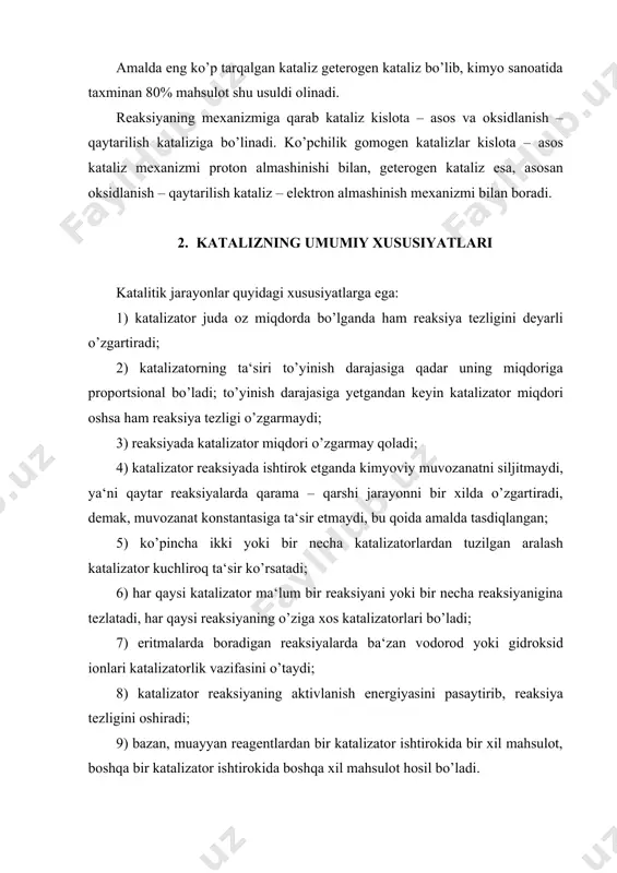 sh energiyasini pasaytirib, reaksiya tezligini oshiradi; 9) bazan, muayyan reagentlardan bir katalizator ishtirokida bir xil mahsulot, boshqa bir katalizator ishtirokida boshqa xil mahsulot hosil bo’ladi. 3. gomogen kataliz katalizning kimyoviy nazariyasi bilan gomogen katalizning borish mexanizmi tushuntiriladi. bu nazariya ba‘zan oraliq birikmalar nazariyasi deb ham aytiladi. bu nazariyaga muvofiq, gomogen katalizda jarayonning tezlanishiga asosiy sabab aktivlanish energiyasining maydalanishidir. jarayon birin – ketin boradigan qator jarayonlardan iborat bo’lib, bunda beqaror bir qancha oraliq moddalar hosil bo’ladi. bu oraliq moddalarni hamma vaqt ajratib olib bo’lmasa ham, ularning borligini turli usullar bilan aniqlash mumkin. bu nazariyaga muvofiq, katalizator reaksiya oxirida o’z tarkibi va miqdorini o’zgartirmasa ham reaksiyaning oraliq bosqichlarida ishtirok etadi. а + в с reaksiya o’z – o’zicha juda sust borib, katalizator (k) ishtirokida tezlashadi. reaksiyaning tezlashishiga sabab reaksiyaning oraliq bosqichida katalizator ishtirok etishidir. bu reaksiya quyidagi bosqichlar bilan boradi. a) reagentlardan bittasi katalizator bilan birikma hosil qiladi: а + к ( …