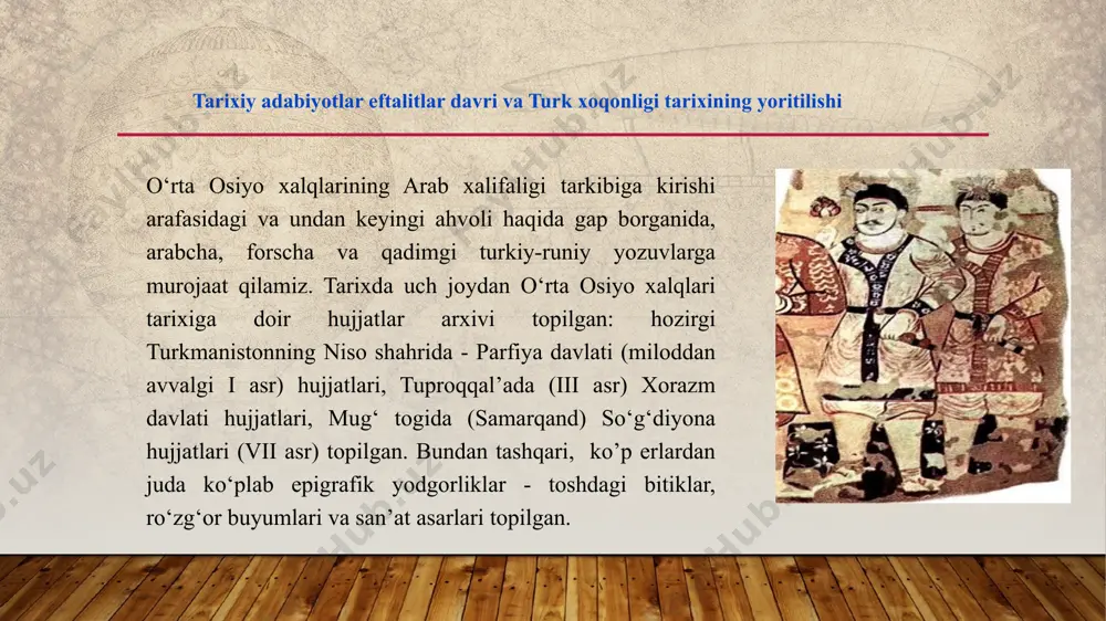 , jasur va qudratli hoqoni sinnabu yobg‘u bo‘lib, uning qo‘shini ham juda ko‘p edi. turk hoqonliginipg o‘rta osiyoni qo‘lga kiritish niyati oshkor bo‘lgach, eftaliylar o‘zlarining turklar va sosoniylar eroni orasida qolganligini angladilar. sinnabu yobg‘uning juda ko‘p lashkari bo‘lgan eftaliylar bilan urushib, ularning podshosi varzuni o‘ldirdi. u varzuning barcha qo‘shinini, ularning boyligini va mamlakatini qo‘lga kiritdi. eftaliylar yurtining ilgari xusrav 1 tomonidan zabt etilgan qismi bundan mustasno edi. vii asr o‘rtalarida movorounnaxrga faqat bosqinchilik yurishlari bilan cheklangan arablar 704 yilga kelib o‘rta osiyoni batomom bosib olishga qaror qildilar. 704 yilda xuroson noibi etib tayinlangan qutayba ibn muslim 706 yildan movorounnaxrni zabt etishga kirishadi. 709 yilda buxoro, 712 yilda samarqandni bosib oladilar. o‘rta osiyo turli harbiy xiylalar, makrlar yordamida bosib olindi va arablar o‘z siyosati diniy e’tiqotlarini singdirishga harakat qilib katta zulm va shavqatsizliklar o‘tkazdi. 715 yilda farg‘onada qutayba ibn muslim arab jangchilari tomonidan o‘ldiriladi. o‘rta osiyoga arablar bosqini va uning tarixiy …