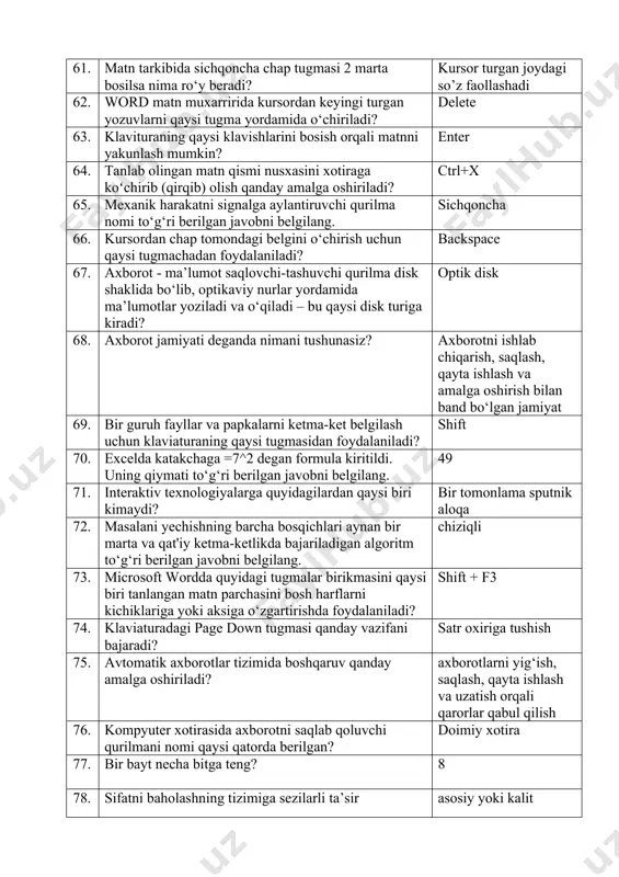 i disk turiga kiradi? optik disk 68. aхborot jamiyati dеganda nimani tushunasiz? aхborotni ishlab chiqarish, saqlash, qayta ishlash va amalga oshirish bilan band bo‘lgan jamiyat 69. bir guruh fayllar va papkalarni ketma-ket belgilash uchun klaviaturaning qaysi tugmasidan foydalaniladi? shift 70. excelda katakchaga =7^2 degan formula kiritildi. uning qiymati tо‘g‘ri berilgan javobni belgilang. 49 71. interaktiv texnologiyalarga quyidagilardan qaysi biri kimaydi? bir tomonlama sputnik aloqa 72. masalani yechishning barcha bosqichlari aynan bir marta va qat'iy ketma-ketlikda bajariladigan algoritm to‘g‘ri berilgan javobni belgilang. chiziqli 73. microsoft wordda quyidagi tugmalar birikmasini qaysi biri tanlangan matn parchasini bosh harflarni kichiklariga yoki aksiga o‘zgartirishda foydalaniladi? shift + f3 74. klaviaturadagi page down tugmasi qanday vazifani bajaradi? satr oxiriga tushish 75. avtomatik axborotlar tizimida boshqaruv qanday amalga oshiriladi? axborotlarni yig‘ish, saqlash, qayta ishlash va uzatish orqali qarorlar qabul qilish 76. kompyuter xotirasida axborotni saqlab qoluvchi qurilmani nomi qaysi qatorda berilgan? doimiy xotira 77. bir bayt necha …