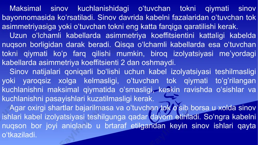 yadlanadi. rx ni talab qilingan toʻg’ri oʻlchovini olish uchun kuchlanish manbi u ni va shuntni xatoligi 0,5 % dan katta boʻlmasligi, rezistorniki 1 % dan kichik boʻlishi kerak. solishtirsh usuli bu usul xam yuqoridagi usulni bir koʻrinishi boʻlib faqat oʻlchash usuli va xisob kitoblarda farq qiladi ya’ni zanjirdagi tok kuchi ikki marta oʻlchanadi: birinchi marta namuna ulangan xolda va ikkinchi marta namuna qisqa tutashtirilgan xolda, bu vaqtda kuchlanish oʻzgartirilmay ushlab turiladi. kondensatorni zaryadlash usuli bu usul xam yuqoridagi usul kabi namuna qarshiligi bilvosita undan oqib oʻtayotgan tok qiymatini oʻlchash yoʻli bilan aniqlanadi, bu usulda namuna bilan ketma-ket kondensator ulangan. media1.mp4 image1.png image2.jpeg /docprops/thumbnail.jpeg