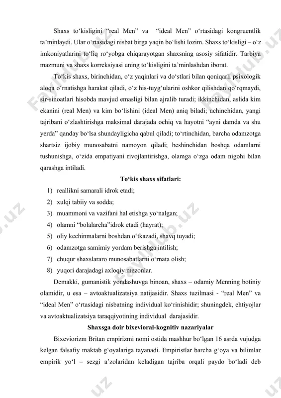 g‘oya va bilimlar empirik yo‘l – sezgi a’zolaridan keladigan tajriba orqali paydo bo‘ladi deb hisoblaganlar. djon lokk (1632-1704) inson tafakkuri azaldan tabula rasa, “oq qog‘oz”day bo‘ladi, bizning tajribamiz unda o‘z izlarini qoldirish natijasidir deya e’tirof etgan. demakki, odamlar tevarak muhit bosimiga binoan o‘zini tutadilar. empiristlar bilimlar asosini tafakkurdan ko‘ra mustahkamroq kuzatuv orqali olingan tajriba tashkil etadi degan aqidagi ishonganlar. mazkur g‘oya tadqiqiy metodlari empirik kuzatuvga tayanadigan fan sifatida ma’lum bixeviorizm taraqqiyotiga katta ta’sir ko‘rsatgan. bixeviorizm – xulq-atvor to‘g‘risidagi fandir. bixeviorizm shaxs nazariyasi sifatida dastlab aqshda paydo bo‘lgan. bixeviorizm asosiy formulasi s – r bo‘lgan stimul-reaktiv nazariyalar sirasiga taalluqli. mazkur nazariyalar muayyan darajada o‘xshash bo‘lsalarda, ularning har birini o‘ziga xos jihatlari mavjud. psixologiyada bixevioral yo‘nalish asoschisi deb djon uotson (19781958) tan olingan. uning g‘oyalari ivan pavlov tomonidan o‘rganishning mumtoz shartlanishi sifatida ma’lum ilmiy g‘oyalariga tayanadi. dj.uotson o‘zini-o‘zi kuzatish asosida ong tuzilmalarini kashf etuvchi fan sifatidagi psixologiyani keskin tanqid ostiga olgan. u …