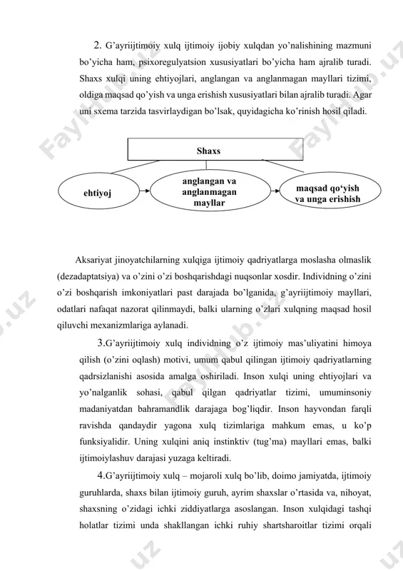 tartibga solishning psixodinamik xususiyatlari. 5. inson xulqida na obyektiv, na subyektiv omillarni alohida ajratish mumkin. ijtimoiy omillar odamlar xulqiga bevosita ichki shaxsiy, individual-psixologik hodisalar orqali ta’sir ko’rsatadi (va bu, ba’zan «jinoiy tabiat» illuziyasini yuzaga keltiradi). 6. shaxs qanchalik kam ijtimoiylashgan bo’lsa (bu, odatda, jinoyatchi shaxsning o’ziga xos xususiyatidir), biologik omillarning ustun (dominanta) bo’lish ehtimoli shunchalik yuqori bo’ladi. inson ongining rivojlanishi qanchalik cheklangan bo’lsa, uning xulqida iyerarxik jihatdan quyi turadigan motivatsiya darajalari shunchalik katta rol o’ynaydi. kriminolog olimlar z. s. zaripov va i. ismailov jinoiy xulq shakllanish jarayonini quyidagi toifalarga ajratishadi: 1) shaxs ehtiyoji va manfaatlari buzilishi bilan bog’liq jinoiy xulq shakllanish jarayoni; 2) shaxs ehtiyoji (manfaati) va imkoniyati o’rtasidagi farq (qarama-qarshilik) bilan bog’liq jarayonlar; 3) shaxs ma’naviy va huquqiy tasavvurining, qadriyatlar va ijtimoiy yo’nalishining buzilishi bilan bog’liq jarayonlar; 4) qaror qabul qilish va amalga oshirishdagi nuqson va kamchiliklar bilan bog’liq jarayonlar[footnoteref:1]. [1: qarang: зарипов з.с., исмаилов и. криминология. – т., …