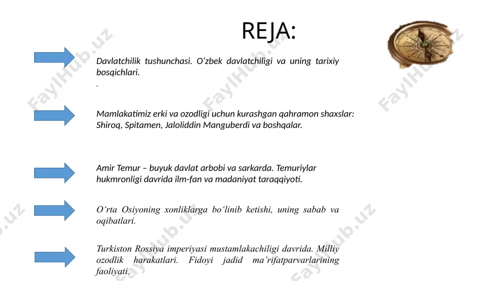 rgan bo’lsa, doro i ga qarshi sak cho’pon yigiti shiroq va mil.avv. 522 yilda marg’iyonada frada boshchiligida qo’zg’olonlar ko’tarildi. ular shavqatsizlik bilan bostirildi. spitamen qoʻzgʻoloni-sugʻdiyona va baqtriyada aleksandr boshchiligidagi yunon-makedon istilochilariga qarshi ozodlik harakati (mil. av. 329—327 yillar). rahbari — spitamen. mil. av. 329 y. kuzida boshlangan. spitamen boshchiligidagi qoʻzgʻolonchilar marokanda (samarqand)dagi yunonmakedon garnizonini qirib tashlab shaharni egallaydilar. aleksandr ularga qarshi farnux boshchiligida 3 ming piyoda va 800 otliq qoʻshin joʻnatgan, spitamen politimet (zarafshon)ning quyi oqimidagi yerlarga chekingan. bu yerda koʻchmanchilarning otliq qoʻshinlari bilan birlashib hujumga oʻtadi. toʻsatdan qilingan hujum natijasida yunonmakedon qoʻshinining katta kismi qirib tashlangan, qolganqutganlari esa shahar qalʼasiga yashiringan. spitamen yana marokandani qamal qilgan. aleksandr spitamenga qarshi andromax, menedem va karan boshchiligida otliq va piyoda qoʻshin yuborgan. spitamen bundan xabar topib oʻrmon orasidan oʻtadigan yoʻlga pistirma qoʻyib, ularga toʻsatdan hujum qilgan. image1.png image2.png image3.png image4.png image5.jpeg image6.png image7.jpeg /docprops/thumbnail.jpeg