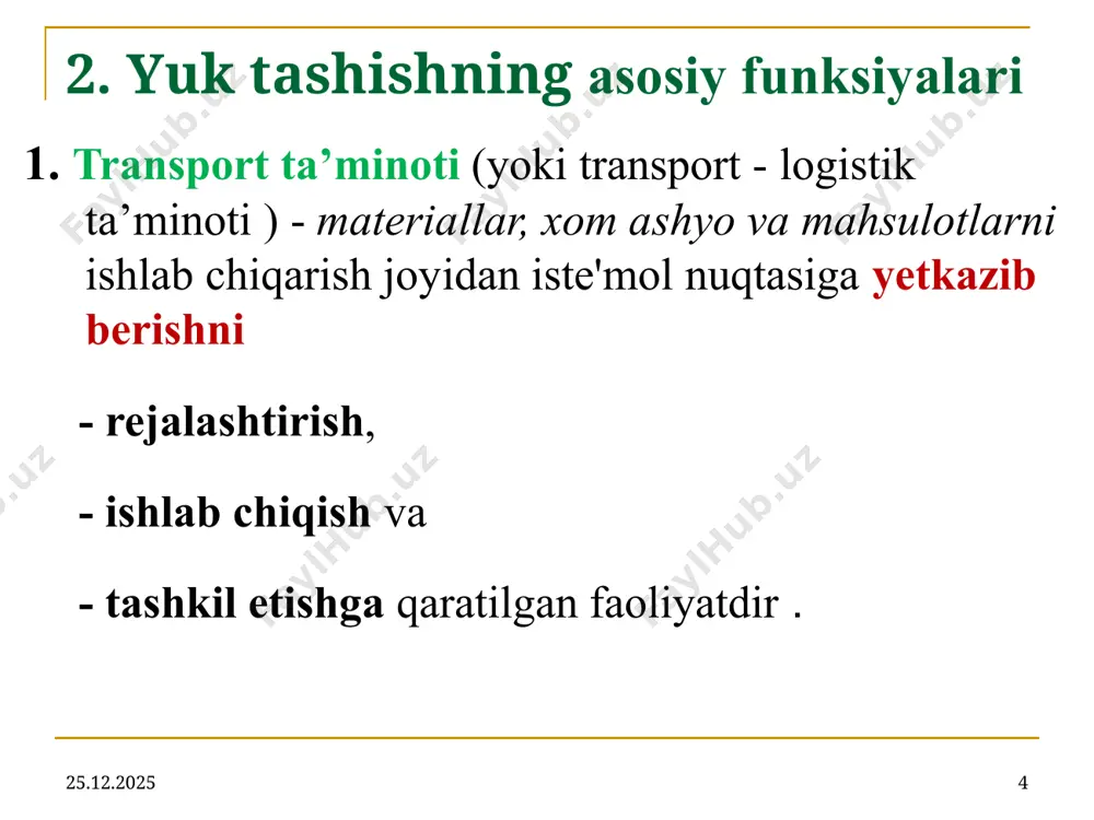 ort tariflari va ularni qo'llash qoidalari tariflarga quyidagilar kiradi: 1) yuklarni tashish uchun olinadigan yig'imlar; 2) yuklarni tashish bilan bog'liq qo'shimcha yig'imlar; 3) to’lov va yig'imlarni hisoblash qoidalari. turli transport turlari uchun tariflar tizimi o'ziga xos xususiyatlarga ega. 26.07.2025 20 4. transport tariflari va ularni qo'llash qoidalari avtomobil transportida yuklarni tashish narxini aniqlash uchun quyidagi tarif turlari qo'llaniladi: 1) yuklarni tashish uchun ishbay tariflar; 2) avto/tonna soat shartlari bo'yicha yuklarni tashish tariflari; 3) yuk avtomobillaridan vaqtincha foydalanish tariflari; 4) har bir kilometr hisobiga asoslangan tariflar; 5) harakatlanuvchi tarkibni tashish tariflari; 6) kelishilgan stavkalar. 26.07.2025 kompyuter ilmlar va texnologiyalari kafedrasi 21 4.transport tariflari va ularni qo'llash qoidalari quyidagi faktorlar tarif qiymatiga ta'sir qiladi: 1) tashish masofasi; 2) yuk og'irligi; 3) avtomobilning yuk ko'tarish qobiliyatidan foydalanish imkoniyatini tavsiflovchi yukning hajmli og'irligi . 26.07.2025 22 4. transport tariflari va ularni qo'llash qoidalari "yukning hajmli og'irligi" ko'rsatkichiga ko'ra avtomobil transportida tashiladigan barcha yuklar to'rt …