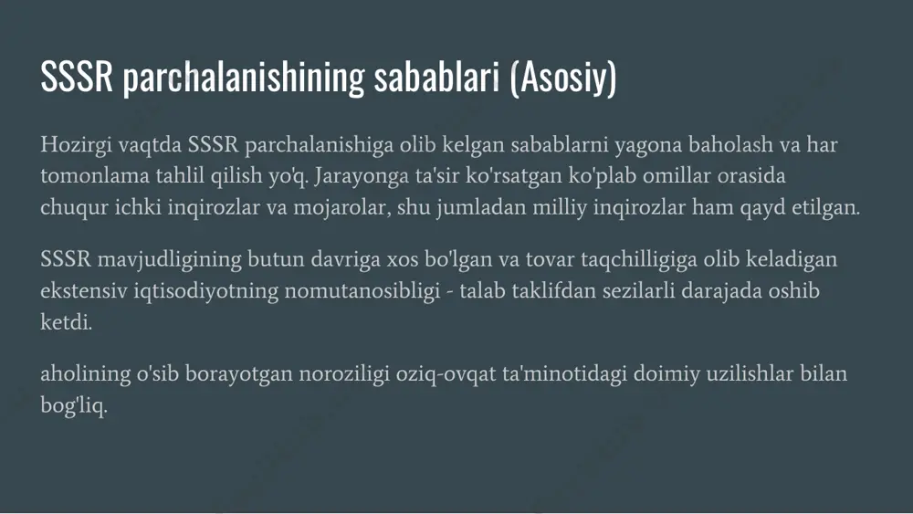 shqari deyarli barcha asosiy tovarlar erkin sotuvdan yo'qoladi. respublika hududlarida kupon ko'rinishidagi ratsional ta'minot joriy etilmoqda; - 1991 yildan buyon birinchi marta demografik inqiroz qayd etildi (tug'ilishdan o'limning ko'pligi); - 1989-yilda sharqiy yevropada sovetparast kommunistik rejimlarning ommaviy qulashi; - sssr hududida bir qator millatlararo nizolar avj oldi: - 1989 yil iyun oyida millatlararo nizolar boshlandi 2-bosqich. "suverenitetlar paradi" boshlanadi, bu o'z navbatida sssr rahbariyatini yangi ittifoq shartnomasini yaratishga undaydi. 1990 yil 7 fevralda kpss markaziy qo'mitasi hokimiyat monopoliyasining zaiflashishini e'lon qildi, bir necha hafta ichida birinchi raqobatli saylovlar bo'lib o'tdi. ittifoq respublikalari parlamentlarida koʻplab oʻrinlarni liberallar va millatchilar qoʻlga kiritdilar. va 1990-1991 yillarda. barcha ittifoqchilar, shu jumladan. rsfsr ham, ko'pgina avtonom respublikalar ham suverenitet deklaratsiyasini qabul qildilar, ularda umumittifoq qonunlarining respublika qonunlaridan ustunligiga qarshi chiqdilar, bu esa "qonunlar urushini" boshladi. 3-bosqich. ittifoq shartnomasi - gkchp va sssrning parchalanishi. bir qator davlat va partiya rahbarlari mamlakat birligini saqlash shiorlari ostida va …