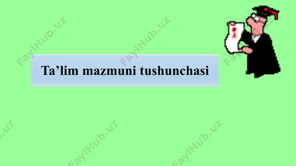 a’lim muassasalarida o‘qitiladigan o‘quv fanlari nomi, o‘quv yuklamasining minimal hajmi hamda ularning sinflar bo‘yicha taqsimoti belgilangan hujjat hisoblanadi tayanch o‘quv reja umumta’lim fanlari bo‘yicha belgilangan ta’ lim mazmunini o‘quvchiga yetkazish uchun ajratilgan o‘ quv soatlari (davlat ixtiyoridagi va maktab ixtiyoridagi soatlar)ning minimal hajmini belgilaydi umumiy o‘rta ta’limning malaka talablari umumta’lim fanlari bo‘yicha ta’lim mazmunining majburiy minimumi va yakuniy maqsadlariga, o‘quv yuklamalari hajmiga hamda ta’lim sifatiga qo‘yiladigan talablardan iborat. baholash mezoni davlat ta’lim standarti bo‘yicha umumiy o‘rta ta’limning malaka talablarini o‘quvchilar tomonidan o‘zlashtirilishi darajasini hamda umumiy o‘rta ta’lim muassasasining faoliyati samaradorligini aniqlaydigan mezonlar majmuidan iborat умумий назарий ta’lim mazmunini belgilab beruvchi me’yoriy hujjatlar ilmiy pedagogik adabiyotlarda ta’lim mazmunini shakllantirishning quyidagi 3 bosqichi ko‘rsatiladi: o’quv bosqichi o’quv materialini o’zlashtirish bosqichi o’quv rejasi o’quv dasturi darsliklar umumiy nazariy bosqichi 1.o’quv rejasi tayanch o’quv rejasi namunaviy o’quv reja maktab o’quv rejasi dtsning tashkiliy qismi hisoblanadigan asosiy me’yoriy xujjat bo’lib, u namunaviy va amaliy o’quv …