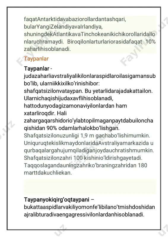 i. agar ilonchaqqandankeyintirikqolsa ham u odam falaj bo’libqoladi. arlekinliaspid arlekinli, yoki sharqonaaspid – zaharliilon, shimoli- sharqiymeksika, va aqsh ningjanubi- sharqidayashaydi. qizil, qoravaingichkasariqxalqagaega. bu ilonnichaqishiinsonhayotiuchunjudaxavflihisoblanadi. agar vaqtidayordamko’rsatilmasainson 20-24 soatichidao’lishimumkin. seylonlikufiya seylonlikufiya – engagressivzaharliilonlardanbiri. tinchokeaniqirg’og’idayashovchibuilonamerikadama halliyaholiorasidayomonligibilan dong taratgan. uningchaqishiinsongao’limolibkeladi. afrikalibumslang afrikalibumslang – judazaharliilon, janubiyvajanubi- g’arbiyafrikadayashaydi. uningzahri – toksinli: qongakirishibilanhujayralarnibuzibyuboradi. afrikalikbumslangnizahriko’bravagadyukanizahridan 2 marttaxavflidir. bu judaagressivilonlargategishli, ulargayaqinboribbo’lmaydivatez harakat qilibbo’lmaydi – u o’ylamasdanhujumgao’tadi. qorailon qorailon – bukattailonuzunligi 3 metrgachabo’ladiundanavstraliyaaholisiqo’rqishadi, uningchaqishiinsonnio’ldiradi. zaharchiqarishbo’yicha “rekordsmen” ekan. bushmeyster bushmeyster – zaharlikattailonuzunligi 4 metrgacha, janubiyafrikadayashaydi. bushmeysterzahriinsonhayotiuchunxavfli, lekino’limdarajasiyuqoriemas – 10-12 %. falajlikholatigasoladi. oddiygadyuka oddiygadyuka – zaharliilonhaqiqiygadyukanaslidan. yevrosiyodayashaydi. uningchaqishiog’riqlilekinkamdan- kamholatdao’limgaolibkeladi. tishlanganjoydagemorragikotekvanekrozbo’ladi. zaharlanishbelgilari: bosh aylanishi, holsizbo’lish, bosh og’rig’i, ko’nglibehuzurbo’lish, nafasyetishmaslik. og’irvaziyatlardadistrofiyabuyrakvajigardao’zgarishla ryuzberadi. ruzelgadyukasi ruzelgadyukasi – shri-lankadakengtarqalgan. zahariunchakuchlibo’lmasadao’taxavflihisoblanadi. u yuradiganjoylardazahargaqarshidorilarchiqarilmasek anshuninguchunmahalliyaholiniko’plarihalokbo’lishar ekan. ilonlarningasosiysezgiorganiyakobsonorganibilanbir galikdagitilidir. ilonuchiayriingichkatiliniustkijag‘idagiyarimochiqyori qdanchiqarib, birnechason