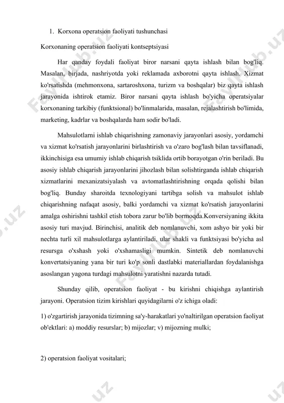 siy qismini ta'minlaydi. ishlab chiqarish faoliyatini tashkil etuvchi amalga oshirilayotgan faoliyatning bosqichma-bosqichligini hisobga olgan holda, eng muhimi: bozor ehtiyojlariga muvofiq ishlab chiqarish hajmini aniqlash, alohida bozorlar va har bir mahsulot turi uchun marketing dasturlarini shakllantirish, ularni optimallashtirish. tashkilotning ishlab chiqarish imkoniyatlari bilan bog'liqligi; prognoz davridagi joriy va har bir keyingi yil uchun ishlab chiqarish quvvati va ishlab chiqarish dasturini muvozanatlash; ishlab chiqarish jarayonini zarur moddiy-texnika resurslari bilan ta'minlash, o'z vaqtida kelishilgan mahsulot ishlab chiqarishning operativ-kalendar jadvallarini ishlab chiqish va ularga rioya qilish. ishlab chiqarish jarayonini tashkil etish texnologiyani tanlash, muayyan moddiy mahsulotlarni ishlab chiqarish uchun ishlab chiqarish tizimlarining resurs komponentlarini taqsimlash va tashkiliy bog'lashga qaratilgan. ishlab chiqarish va operativ boshqaruv bilan birgalikda ular mahsulot ishlab chiqarish yoki xizmatlar ko'rsatish jarayonida materiallar, inson resurslari, asbob-uskunalar va ishlab chiqarish quvvatlaridan eng samarali foydalanishni ta'minlaydigan tashkiliy tizimlarni ishlab chiqishga asoslangan ishlab chiqarish resurslarini boshqarish sohasini ifodalaydi. ishlab chiqarish jarayonlarini tashkil etishning asosiy xususiyatlari, …