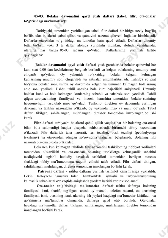 riladi va qaysi harakat mustahkamlanishi kerak bo’lsa o’sha harakat qayd etiladi va mustahkamlanadi. ixtiyoriy oʻyinlar – bolalarning hoxish-istaklariga koʻra deb qayd etiladi. kunning ikkinchi yarmini rejalashtirish (taxminan 13:00 dan 15:00gacha, takomillashtirilgan “ilk qadam” davlat oʻquv dasturi asosida katta va tayyorlov guruhlarda bolalarning uyqusiz vaqtida). toʻgarak ishlari – (mttning kuzatuv kengashi qaroriga koʻra turli toʻgaraklar kunning ikkinchi yarmida tashkil etiladi. badiiy adabiyot – hafta mavzusiga koʻra tanlanadi. pedagoglarning bolalar bilan yakka ishlashlari – pedagoglar (psixolog, musiqa rahbari, jismoniy tarbiya yoʻriqchisi) hamkorligi asosida rivojlanish xaritasining indikatorlari boʻyicha yakka tartibda ishlash tashkil etilib, tarbiyalanuvchi oʻzlashtirmagan rivojlantiruvchi sohalar indikatorlari boʻyicha ishlar rejalashtirilib, tarbiyalanuvchining familiyasi va ismi qayd etiladi. kechki davra suhbati oʻtilganmavzu taxlili (refleksiya) – ushbu suhbat jarayonida bolalarning kun davomida olgan bilim, koʻnikma va malakalari (bola kompetensiyasi) tahlil qilinadi va umumlashtiriladi hamda bolalarni qiziqishlarini inobatga olgan holda, ertangi kunda faoliyat yuritadigan markazlar haqida maʼlumot beradi (refleksiya). kechki soat (taxminiy vaqti 16:30 dan 18:00 …