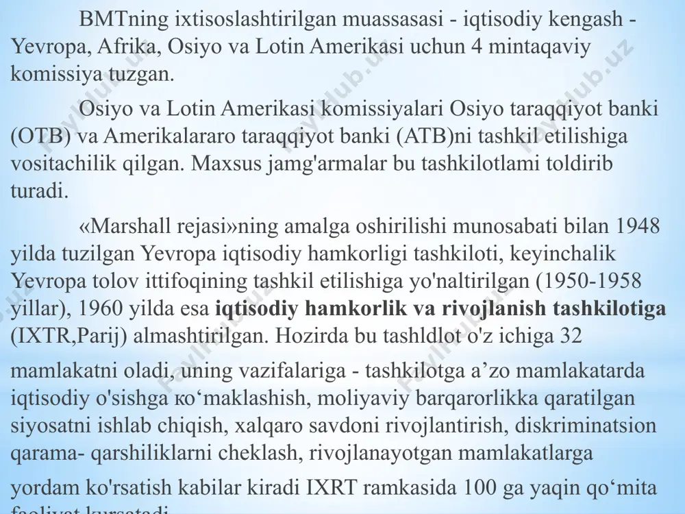 l qilish tamoyillarini ishlab chiqish, xalqaro valyuta-kredit va moliya munosabatlarini davlatlararo tartibga solish bilan shug'ullansada, ularni tashkil etilishining tub sabablaridan biri rivojlanayotgan mamlakatlarda siyosiy mustaqillikni joriy etish, ularning xalqaro doiradagi ishtirokini faollashtirish, milliy iqtisodiyotda vujudga kelayotgan muammolarni mintaqa va xalqaro darajada yechish masalalariga qaratilgan. shu bilan birga, zamonaviy xalqaro moliya institutlarining vujudga kelishiga quyidagi omillarni keltirish mumkin: 1. xalqaro iqtisodiyotda moliyaviy barqarorlikni ta’minlash borasida kuchlarni umumlashtirgan holda hamkorlikda faoliyat yuritish. 2. davlatlararo valyuta va moliya-kredit siyosatini tartibga solish yuzasidan xalqaro andozalarni yaratish va amaliyotga joriy etish. 3. hamkorlikda jahon valyuta va moliya-kredit siyosati yuzasidan strategik taktikani ishlab chiqish. /docprops/thumbnail.jpeg