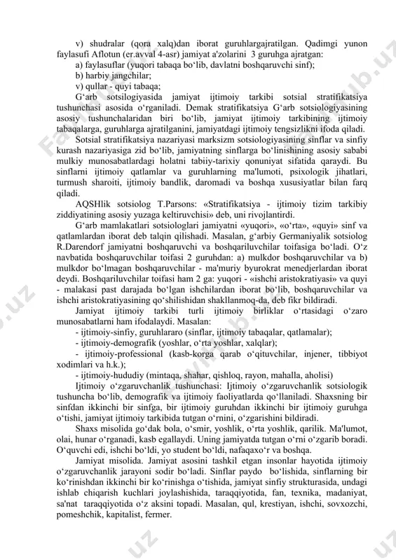 n har bir mamlakat ham texnika, ham biznes sohalarida yuksak professional tayyorgalikka ega ijtimoiy qatlamga tayanishi shart. mazkur ijtimoiy qatlam vakillari o‘z professional - malaka tayyorgarlik saviyalariga mutanosib ijtimoiy o‘rin egallashga intilishlari shart. tarixiy taraqqiyot shunday shakllandiki, ilmiy bilimlar va ishbilarmonlik o‘zlashmalari asosan g‘arbiy davlatlar va yaponiyada mujassamlashdi. ularda band aholi tarkibidagi oliy kategoriyali professional ijtimoiy qatlam vakillarining hajmi o‘rta va past kategoriya vakillarining ulushidan sezilarli darajada yuqoridir. bu jarayon o‘z yo‘nalishda yanada rivojlanib, mazkur davlatlarning eng boy va zamonaviy ishlab chiqarish hamda ilmiy-texnik tarqqiyotning old qatoridagi xalqaro iqtisodiy o‘rnini saqlab turishga zamin yaratmoqda. mazkur ijtimoiy qatlam, iqtisodda ularning ijtimoiy maqomini qayta tiklashga qodir yangi soha yuzaga chiqishi bilan o‘zi jamuljam etgan professional - malaka salohiyatini maksimal darajada ishlatishga tayyor turadi. idrok etish va bajarishni ta'minlashdir. sotsial stratifikatsiya: ma'lumot, maishiy sharoit, mashg‘ulot daromad, ruhiy, din va shu kabi belgilar asosida jamiyat «yuqori», «o‘rta» va «quyi» sinflar hamda strat (qatlam)larga (2 …