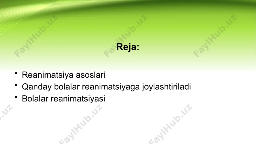 ydo bo'lgunga qadar maxsus niqob va sumkadan foydalanish bilan belgilanadi. agar bu reanimatsiya tadbiridan so'ng chaqaloq o'z-o'zidan nafas olishni boshlasa, u traxeyaga intubated. yangi tug'ilgan chaqaloqlarni reanimatsiya qilish usullari qon tomir tusini tiklashga yordam beruvchi moddalarni (adrenalin, kokarboksilaza) qo'llashni o'z ichiga oladi. reanimatsiya bo'limida bemorlarga terapevtik, profilaktik va gigiyenik yordam ko'rsatish quyidagi tadbirlar majmuasini o'z ichiga oladi: terini parvarish qilish - bemorning terisini professional maxsus vositalar (eliksin, menalind) bilan davolash, maseratsiya joylariga, taglik toshmalariga alohida e'tibor berish. bemorning hojatxonasi: yuvish, ko'zlarini, burunlarini, quloqlarini, og'zini davolash, soqol olish, shampunlash. tashqi jinsiy a'zolarning hojatxonasi. to'shakni tayyorlash. turuvchi siydik kateterini parvarish qilish (kateterni almashtirish, siydik pufagini antiseptik eritma bilan yuvish (klinik ko'rsatkichlarga ko'ra); tashqi jinsiy a'zolar hojatxonasi. traxeostomiyani parvarish qilish (traxeostomiya trubkasini almashtirish, tbd sanitariyasi, kuniga kamida 2 marta steril bog'lamlarni almashtirish, yara yuzasini davolash bilan) yaralarining oldini olish va parvarish qilish. kichikroq, ayniqsa, mahalliy anesteziya orqali o‘tkazilgan operatsiyalardan so‘ng bemorni umumiy palataga …