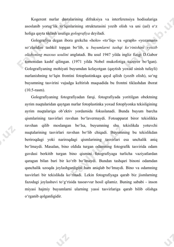 ramma shunday qalin qatlam emulsiyali fotoplastinkaga yoziladiki, qatlamning qalinligi yorug‘lik to‘lqini uzunligidan ancha katta bo‘ladi. jismdan qaytgan va asosiy dastalarning interferensiya manzarasi emulsiya qalinligida sodir bo‘ladi. ko‘p muzeylarda xuddi shunday gologrammalar qo‘yilgan. ularda jismning tasvirini tiklash uchun oddiy yoritgich yoki quyosh nurining o‘zi yetarlidir. bunday gologrammaning strukturasi to‘lqin frontini tiklash uchun zarur bo‘lgan nurlarni o‘zi tanlab oladi. gologrammalar faqatgina jismlarning obrazini yaratish uchungina qo‘llanilmaydi. ular nihoyatda ulkan miqdordagi ma’lumotlarni yozib olishga yordam beradi, ularni optik sistemalarning aberratsiyalarini (tasvirning buzilishlarini) to‘g‘rilashda, mashinalarning vibratsiyalarini nazorat qilishda ham ishlatish mumkin. nazariy hisoblashlardan shunday bog‘lanish kelib chiqadi: gologrammaning birlik yuzida jism haqida ta mustaqil ma’lumot qayd qilish mumkin. shunday qilib, geliy–neon lazer nurlanishi ((=0,632 mkm) bilan olingan gologrammaning 1 sm2 ga 250 mln. ta mustaqil ma’lumot to‘g‘ri keladi. gologrammadagi ma’lumotlarning ko‘p sonligi strukturasining murakkabligida o‘z aksini topadi. odam gollogrammaning kuchli kattalashtirilgan sohasini turli darajada qoralashgan tartibsiz dog‘lar to‘plami sifatida ko‘radi. bunday taassurotning sababi, ko‘zimizning …