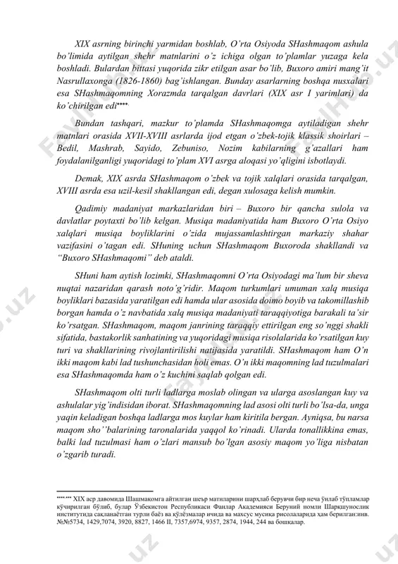 и аниқлашга ёрдам бера олмайди, балки чалкашлик туғдиради, холос.] [2: xviii-xix асрларда ёзилган мусиқа рисолаларининг кўпи шу даврларгача яратилган асарларнинг турли, профессионал бўлмаган котиблар томонидан кўчирилган нусхалардир. уларда хатоларнинг кўплиги, ] musiqashunosligimizda shu vaqtgacha shashmaqom turkumlari xvi asrlarda shakllangan, degan fikr mavjud edi. bunda mutaxassislar o’zbekiston fanlar akademiyasining sharqshunoslik institutida saqlanayotgan 1466 raqamli qo’lyozmaga suyanib, shunday xatolikka yo’l qo’ygan edilar. atoqli sharqshunos olim, professor a. a. semyonov bu asar qo’lyozmasini xvi asr musiqa olimi mavlono kavkabiy tuzganligini va uni “kulliyoti kavkabiy” (“kavkabiyning asarlar to’plami”) ekanini ko’rsatib o’tgan edi. keyingi tekshirishlar shuni ko’rsatdiki, aslida qo’lyozmadagi bu asarda dastlab o’n ikki maqom va kavkabiy haqida bahzi ma’lumotlar keltiriladi[footnoteref:3]. keyin esa xvi asrda emas, balki buxoro amiri nasrullaxon hukmron bo’lgan davrda tuzilgan shashmaqomga aytilgan shehr matnlarini o’z ichiga olgan to’plam beriladi. [3: асарнинг боши ва охири сақланмаган. муаллифи номаълум, 1847 йилда кўчирилган.] xix asrning birinchi yarmidan boshlab, o’rta osiyoda shashmaqom ashula bo’limida aytilgan …