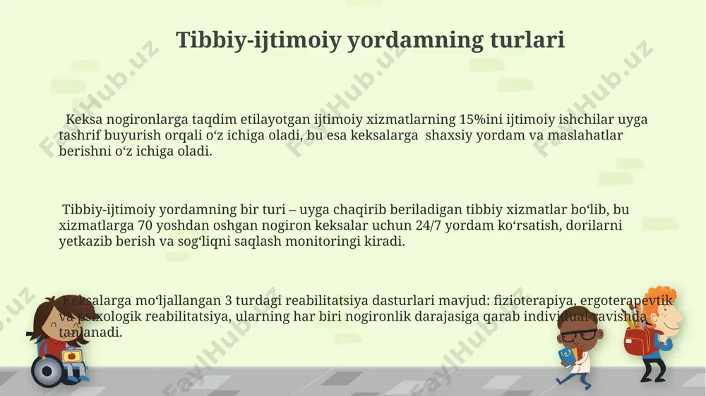 lgan baholash vositalari yordamida aniqlanadi va individual rejalashtirish amalga oshiriladi. o'rtacha har bir keksa odamga reabilitatsiya jarayonida kamida 3 xil turdagi terapiya (masalan, fizioterapiya, ergoterapevtik va psixologik) qo'llaniladi, bu esa yaxshi natijalarga erishish imkonini beradi. keksalarga oid reabilitatsiya dasturlarining 70% dan ortig'i jismoniy funktsiyalarni yaxshilashga qaratilgan bo'lib, bu ularning mustaqil yashash qobiliyatini oshirishga yordam beradi. tadqiqot va kelajakdagi istiqbollar keksalar orasida nogironlik darajasi 35% ni tashkil etib, bu esa ijtimoiy xizmatlarga bo'lgan talabning yuqori ekanligini ko'rsatadi. kelajakda texnologiyalardan foydalanish orqali ushbu xizmatlarni takomillashtirish mumkin. keksaygan nogironlarga ijtimoiy xizmat ko'rsatish bo'yicha 2020-2025 yillar davomida o'tkazilgan tadqiqotlar shuni ko'rsatdiki, 70% dan ortiq qariyalar uyda parvarishlashga muhtoj. tadqiqotlar shuni tasdiqladiki, professional ijtimoiy xizmat xodimlarining sonini 2 barobarga oshirish orqali keksaygan nogironlarning hayot sifatini sezilarli darajada yaxshilash mumkin. qariyalar bilan ishlashning o'ziga xos jihatlari qariyalarni ijtimoiy himoya qilish dasturlarining samaradorligini baholashda, kamida 5 yil davomida davlat tomonidan taqdim etiladigan yordamning sifat ko'rsatkichlari va qariyalarning …