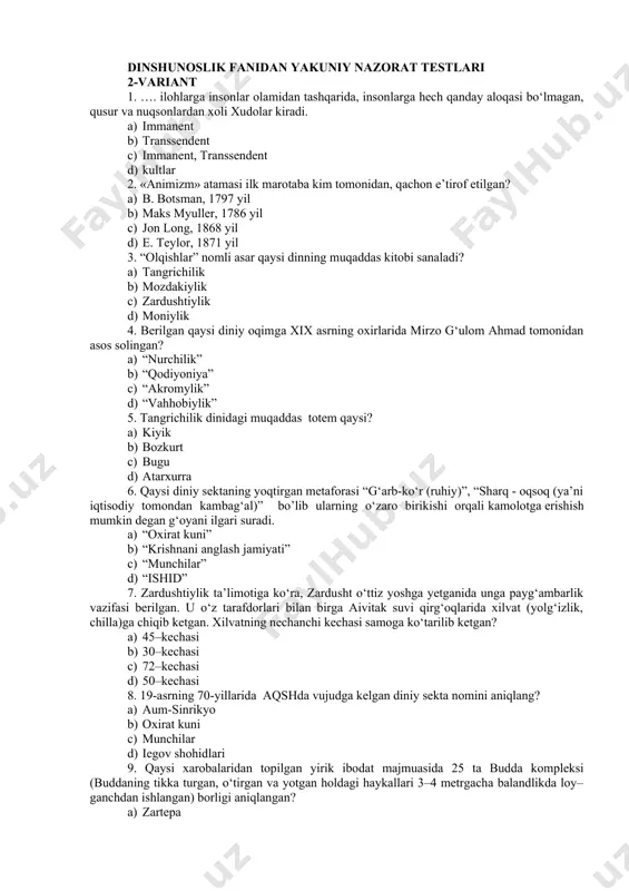 qirg‘oqlarida xilvat (yolg‘izlik, chilla)ga chiqib ketgan. xilvatning nechanchi kechasi samoga ko‘tarilib ketgan? a) 45–kechasi b) 30–kechasi c) 72–kechasi d) 50–kechasi 8. 19-asrning 70-yillarida aqshda vujudga kelgan diniy sekta nomini aniqlang? a) aum-sinrikyo b) oxirat kuni c) munchilar d) iegov shohidlari 9. qaysi xarobalaridan topilgan yirik ibodat majmuasida 25 ta budda kompleksi (buddaning tikka turgan, o‘tirgan va yotgan holdagi haykallari 3–4 metrgacha balandlikda loy–ganchdan ishlangan) borligi aniqlangan? a) zartepa b) quva c) qadimgi termiz d) qorovultepa 10. fetish so‘zi nima ma’noni bildiradi? a) tumor but, sanam b) urug‘, qarindosh, c) sehrgarlik, afsun d) ruh, jon 11. …(arab. «g‘uluv ketish», «chuqur ketish»; fransuz. «fanatizm» – «ibodat») muayyan g‘oyalarning to‘g‘ri ekaniga qattiq ishonish, ularga mukkasidan berilish, «o‘zgalar» va «o‘zgacha» qarash hamda g‘oyalarga murosasiz munosabatda bo‘lish, boshqa firqa va mazhablarni butunlay rad etishi, ularni tan olmaslikda namoyon bo‘ladi a) fundamentalizm b) aqidaparastlik c) mutaassiblik d) terrorizm 12. muhammad payg‘ambarni chaqoloqlik davrida o‘z tarbiyasiga olgan …