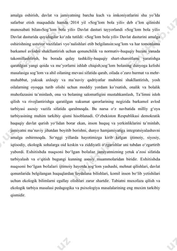 quqlardan foydalana bilishlari, komil inson bo‘lib yetishilari uchun ekologik bilimlarni egallay olishlari zarur shartdir. tabiatni muxofaza qilish va ekologik tarbiya masalasi pedagogika va psixologiya masalalarining eng muxim tarkibiy qismidir. kurs ishininng maqsadi: eshitishda nuqsoni bo‘lgan bolalarda tabiatga bo‘lgan munosabatini tarbiyalash jarayonni o‘rganish kurs ishining ob’ekti: eshitishda nuqsoni bo‘lgan bolalar kurs ishining predmeti eshitishda nuqsoni bo‘lgan bolalarida tabiatga bo‘lgan munosabatini tarbiyalash jarayoni kurs ishining vazifalari: 1. eshitishda nuqsoni bo‘lgan bolalarida tabiatga bo‘lgan munosabatini tarbiyalash bo‘yicha, psixologik, pedagogik adabiyotlarni o‘rganish ,tahlil yetish. 2. eshitishda nuqsoni bo‘lgan bolalarida tabiatga bo‘lgan munosabatini tarbiyalash jarayonini tadqiq qilish. kurs ishining tarkibi: kirish,2ta bob,xulosa,foydalanilgan adabiyatlar. i bob eshitishda nuqsoni bo’lgan o’quvchilarga tabiatga bo’lgan munosabatinmi eksperimental o’rganish 2.1. eshitishda nuqsoni bo‘lgan o‘quvchilarning tabiatga bo‘lgan munosabatinini eksperimental o‘rganish jarayonini tashkil etish. eshitishda nuqsoni bo‘lgan bolalarida maktabida- ekologik tarbiya jarayonida bolalarni tevarak – atrof bilan tanishtirish, olam tuzilish va tabiat hodislari, jonli va jonsiz tabiat, maktab atrofida, o‘lkasida yashayotgan insonlarning …