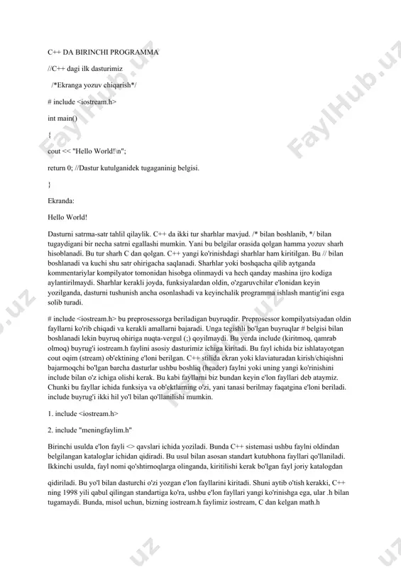 dan tashqari boshqa ko'p ob'ektli dasturlshga yo'naltirilgan tillar paydo bo'ldi. shulardan eng ko'zga tashlanadigani xerox ning palo altoda joylashgan ilmiy-qidiruv markazida (parc) tuzilgan smalltalk dasturlash tilidir. smalltalk da hamma narsa ob'ektlarga asoslangan. c++ esa gibrid tildir. unda c ga o'hshab strukturali dasturlash yoki yangicha, ob'ektlar bilan dasturlash mumkin. yangicha deyishimiz ham nisbiydir. ob'ektli dasturlash falsafasi paydo bo'lganiga ham yigirma yildan oshayapti. c++ funksiya va ob'ektlarning juda boy kutubhonasiga ega. yani c++ da dasturlashni o'rganish ikki qismga bo'linadi. birinchisi bu c++ ni o'zini o'rganish, ikkinchisi esa c++ ning standart kutubhonasidagi tayyor ob'ekt/funksiyalarni qo'llashni o'rganishdir. c++ da dasturlashning asosiy qismlari c++ sistemasi asosan quyidagi qismlardan iborat. bular dasturni yozish redaktori, c++ tili va standart kutubhonalardir. c++ dasturi ma'lum bir fazalardan o'tadi. birinchisi dasturni yozish va tahrirlash, ikkinchisi preprosessor amallarini bajarish, kompilyatsiya, kutubhonalardagi ob'ekt va funksiyalarni dastur bilan bog'lash (link), hotiraga yuklash (load) va bajarish (execute). c++ da birinchi programma //c++ dagi ilk …