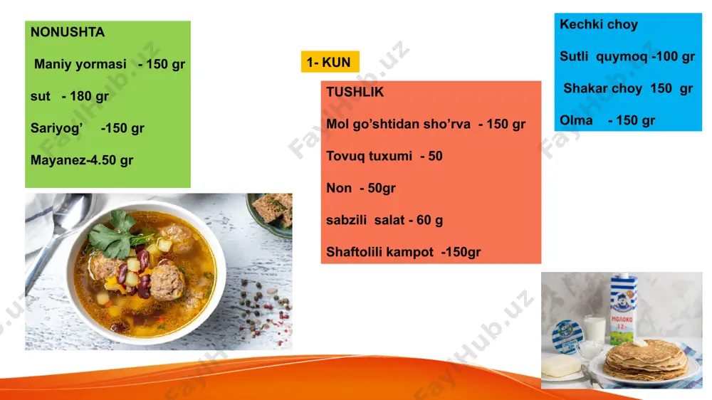 ushta shirqovoq 150 gr saryg’li non 45 gr choy 150 gr tushlik mol go’shtidan shorva 200 gr qiymali kotlet jarkob 180 gr kefir 3% 40 gr non 40 gr mevali kampot 150 gr kechki choy tvorogli quymoq 200 gr limonli choy 150 gr olma 100 gr 10 kun . nonushta manniy bo’tqasi 200 gr maloko 45 gr choy 150 gr tushlik teftel shorva 200 gr xonim 180 gr non 40 gr kamppot 150 gr karam salat 60 gr kechki choy mevali perog 90 gr asal choy 150 gr olma 80 gr image2.jpeg image3.jpeg image4.jpeg image5.jpeg image6.jpeg image7.jpeg image8.jpeg image9.jpeg image10.jpeg image11.jpeg image12.jpeg image13.jpeg image14.jpeg image15.jpeg image16.jpeg image17.jpeg image18.jpeg image19.jpeg image1.jpeg /docprops/thumbnail.jpeg