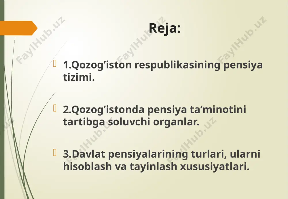 ek, 1998 yil 1 yanvardan sobiq sovet davridan saqlanib qolgan hamma imtiyozli pensiyalar bekor qilindi.2012 yildan qozog’istonda konservativ va mo’’tadil(o’rtacha) portfel kiritilib,uning mohiyati, omonat qo’yuvchi (jamg’aruvchi) o’z yoshidan kelib chiqib, investitsiyalashning ko’proq yoki kamroq tavakkalchiligi (riski) bo’lgan variantini tanlash huquqiga ega edi. konservativ (eski) portfel birinchi navbatda, mablag’larni bank depozitlariga va qozog’iston mbga, mo’’tadil portfel esa obligatsiyalarga qo’yishni ko’zda tutadi. qozog’iston respublikasi pensiya tizimi hozirgi paytda qozog’iston respublikasida ko’p daraja(bosqich)li pensiya tizimi faoliyat yuritiladi va ular bazaviy, majburiy hamda ixtiyoriy darajalardan iborat bo’lib, bir vaqtning o’zida umumiy va jamg’arma tizmlar mexanizmlarini qo’shib oladi. 1-daraja a. umumiy pensiya tizimi b.. 2-daraja. a. jamg’arma pensiya tizimi b. majburiy pensiya badallari -10% v. majburiy kasbiy pensiya badallari-5%. 3-daraja-ixtiyoriy pensiya badallari birinchi daraja-umumiy pensiya tizimi bo’lib u qozog’istonga ssr parchalangandan keyin meros bo’lib qolgan va “avlodlar birdamligi”ga asoslangan, bunda pensiya to’lovlari manbalari davlat byudjeti bo’lib, u aholining ishlovchi qismidan soliq ajratmalari va boshqa tushumlar …