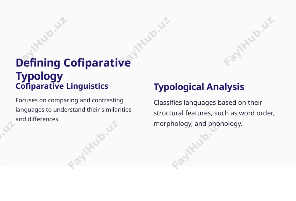 al features specific characteristics of language structure, such as word order, morphology, and phonology. typological parafieters and classifications 1 word order subject-verb-object (svo), verb-subject-object (vso), etc. 2 morphology agglutinative, isolating, fusional, etc. 3 phonology tone languages, consonant inventories, vowel systems, etc. hsck⭲iqusг of cofiperelivs hupologicel 6⭲eluгiг l ls…icel cofiperiгo⭲ examining shared cognates and loanwords to establish language relationships. ? grefifielicel cofiperiгo⭲ analyzing grammatical structures and patterns, such as word order, morphology, and syntax. 3 sou⭲d suгlsfi cofiperiгo⭲ studying phonological features, including consonants, vowels, and tone, to identify similarities and differences. fi sleliгlicel 6⭲eluгiг using statistical methods to quantify language features and identify patterns. cofiparative typological databases and resources 1 world atlas of language structures (wals) a comprehensive database of typological data on languages worldwide. 2 udhr database a collection of translations of the universal declaration of human rights, used for typological analysis. 3 language docufientation & conservation (ldc) a repository …