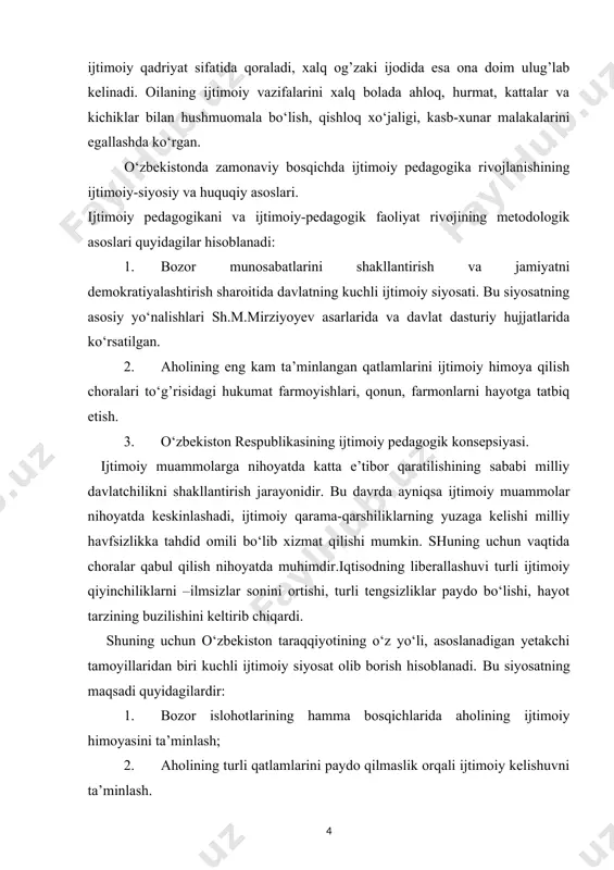 riyalarni qo‘llabquvvatlashni kuchaytirish. kurs ishining maqsad va vazifalari: xalq pedagogikasida jtimoiy pedagogik g'oyalar va ularning ta’lim tarbiyadagi tutgan o‘rni haqidagi ma’lumotlarni umumlashtirish va qisqacha tavsiflash. ta’lim - tarbiya jarayonida hadislardan foydalanishning ilmiy-amaliy ahamiyati kurs ishi ob’yekti va predmeti: xalq pedagogikasida jtimoiy pedagogik g'oyalar va ularning ta’lim tarbiyadagi tutgan o‘rni."hadisi sharif" va uning xalq pedagogikasidagi tutgan o‘rni.hadislarning mazmuni va tarbiyaviy ahamiyati kurs ishning tadqiqot uslubi va uslubiyoti: ilmiy ommabop manbalardan to‘plangan ma’lumotlar tahlil qilib,xulosa va takliflar qilish. kurs ishi tuzilishi: bajarilgan kurs ishi kirish qismi, asosiy qism va qilingan xulosalardan iborat. ishda o‘rganilishi e’tiborga olingan ma’lumotlar tushunarli ravishda ifodalash uchun chizma jadvallar va rasmlar berildi.ishga qo‘yilgan maqsadga erishishi uchun to‘plangan adabiyotlar manbalarning nomlari va elektron manzillari keltirildi. i bob. xalq pedagogikasida jtimoiy pedagogik g'oyalarning nazariy va amaliy asoslari 1.1.xalq pedagogikasida jtimoiy pedagogik g'oyalar va ularning ta’lim tarbiyadagi tutgan o‘rni xalq donishmandligi va odobnomasining bu nodir sohasi ijtimoiy va maishiy-axloqiy hayotning barcha …