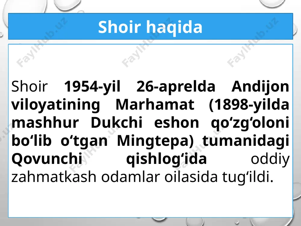 o‘ylab og‘riydi jonim, ko‘ksing to‘la shahid o‘g‘lonlaring bor. bag‘rim o‘rtar bir o‘y bahor ayyomlar, oy botgan yoqlarga termilib shomlar. aybin bilmay ketgan akmal ikromlar, fayzullodek mardi maydonlaring bor. e’tiboringiz uchun rahmat! foydalanilgan adabiyot: adаbiyot: umumiy o‘rtа tа’lim mаktаblаrining 8-sinfi uchun dаrslik. / s. olim, s. ahmedоv, r. qo‘chqоrоv. – т.: g‘afur g‘ulom nomidagi nashriyot-matbaa ijodiy uyi, 2019. ushbu taqdimot slaydi mahsulotidir. diqqat! ushbu mahsulotni tijoriy maqsadda ko‘paytirish javobgarlikka sabab bo‘ladi! image24.jpg image7.png image25.jpg image4.png image30.jpg image31.jpg image19.png image20.png image5.png image9.png image10.png image15.jpg /docprops/thumbnail.jpeg