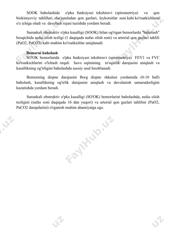 'z ichiga oladi va davolash rejasi tuzishda yordam beradi. surunkali obstruktiv o'pka kasalligi (sook) bilan og'rigan bemorlarda "baholash" bosqichida nafas olish tezligi (1 daqiqada nafas olish soni) va arterial qon gazlari tahlili (pao2, paco2) kabi muhim ko'rsatkichlar aniqlanadi. bemorni baholash so'ok bemorlarida o'pka funksiyasi tekshiruvi (spirometriya) fev1 va fvc ko'rsatkichlarini o'lchash orqali havo oqimining to'sqinlik darajasini aniqlash va kasallikning og'irligini baholashda asosiy usul hisoblanadi. bemorning dispne darajasini borg dispne shkalasi yordamida (0-10 ball) baholash, kasallikning og'irlik darajasini aniqlash va davolanish samaradorligini kuzatishda yordam beradi. surunkali obstruktiv o'pka kasalligi (so'ok) bemorlarini baholashda, nafas olish tezligini (nafas soni daqiqada 16 dan yuqori) va arterial qon gazlari tahlilini (pao2, paco2 darajalarini) o'rganish muhim ahamiyatga ega. 📌xulosa surunkali obstruktiv o'pka kasalligida hamshiralik jarayoni bemorning holatini yaxshilash, hayot sifatini oshirish va asoratlarni oldini olishga qaratilgan holda, individual yondashuvni talab qiladi. muvaffaqiyatli natijaga erishish uchun doimiy monitoring va bemorning o'z-o'zini boshqarish ko'nikmalarini rivojlantirish muhim ahamiyatga ega. …