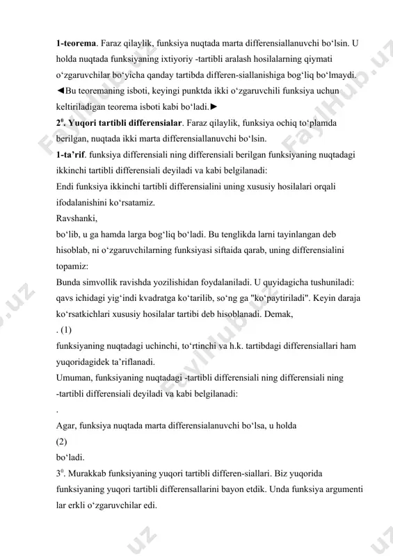 niqlangan ushbu funksiyaga ega bо‘lamiz. funksiya da hosilaga ega bо‘lib, bо‘ladi, bunda funksiyaning barcha xususiy hosilalari nuqtada hisoblangan. umuman, hosil qilingan funksiya -tartibli hosilalarga ega va u ga teng, bundagi barcha xususiy hosilalar (4) nuqtada hisoblangan. bu munosabatning tо‘g‘riligi matematik induksiya usuli yordamida isbotlanadi. shunday qilib, funksiya hosilalarga ega bо‘ladi. teylor formulasiga kо‘ra (qaralsin, 24-ma’ruza) nuqtada (5) bо‘ladi, bunda . bu tenglikda deyilsa, unda bо‘lishi kelib chiqadi. ayni paytda, (6) (bunda funksiyaning barcha xususiy hosilalari nuqtada hisoblangan) bо‘lishini e’tiborga olsak, u holda (5) va (6) tengliklardan ushbu tenglikka kelamiz. bu kо‘p о‘zgaruvchili funksiyaning lagranj kо‘rinishidagi qoldiq hadli teylor formulasi deyiladi. 50. xususiy hollar. aralash hosilaning tengligi haqida teorema. bо‘lsin. bu holda funksiyaning yuqori tartibli hosila va differensial-lariga kelamiz. ular 23-ma’ruzada batafsil bayon etilgan. bо‘lganda ikki о‘zgaruvchili funksiya bо‘lib. uning ikkinchi tartibli xususiy hosilalari (ular 4 ta bо‘ladi) quyidagicha bо‘ladi: . ko‘p o‘zgaruvchili funksiyalar. fazоda birоr to‘plamning bir-biriga bоg‘liq bo‘lmagan ixtiyoriy …