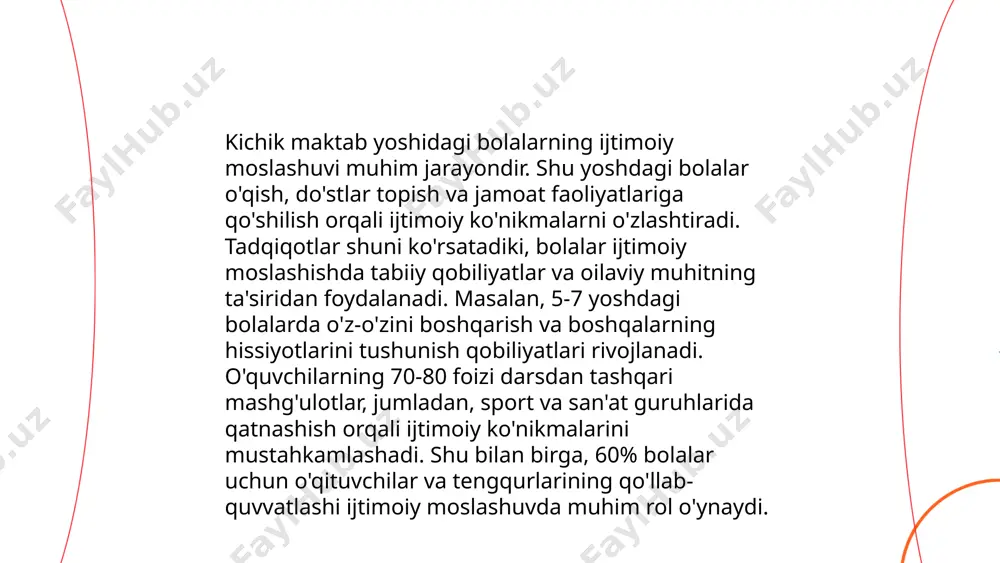 larini sinab, kuchli va zaif tomonlarini anglaydilar. bu jarayonda ijtimoiy muloqot muhim rol o'ynaydi, chunki ularni do'stlari va o'qituvchilarning bahosi o'z-o'zini anglash darajasiga ta'sir qiladi. tadqiqotlar ko'rsatadiki, maktab yoshi bolalarining o'zini anglash darajasi oilaviy muhit, ota-onalarning e'tibori va qo'llab-quvvatlashiga bog'liq. shu bilan birga, ijobiy ayris o'z-o'zini anglash faolligini oshiradi hamda bolalarda o'zlariga nisbatan ijobiy tasavvurlarni mustahkamlaydi. ... t.me/slaydai_bot rivojlantiruvchi o'yinlar kichik maktab yoshlari uchun muhim ahamiyatga ega, chunki ular bolalarning kognitiv qobiliyatlarini rivojlantirishga yordam beradi. tadqiqotlar shuni ko'rsatadiki, 3-6 yoshli bolalar rivojlantiruvchi o'yinlar orqali muhim mahoratlarni, masalan, muammolarni hal qilish, mantiqiy fikrlash va ijtimoiy aloqalarni yaxshilaydi. ushbu yoshdagi bolalar uchun mos keladigan o'yinlar orasida konstruktiv o'yinchoqlar, muammolarni hal qilish o'yinlari va ijodiy o'yinlar kiradi. shu bilan birga, amerikalik pedagog vygotsky ta'kidlashicha, o'yinlar bolalarning "yaqin rivojlanish zonasi"ni qo'llab-quvvatlaydi. vygotsky nazariyasiga ko'ra, bolalar erkin o'yinlar orqali o'z imkoniyatlarini kengaytiradi va yangi bilimlarni egallaydi. ... t.me/slaydai_bot 10. kichik maktab yoshidagi bolalarda stress va …