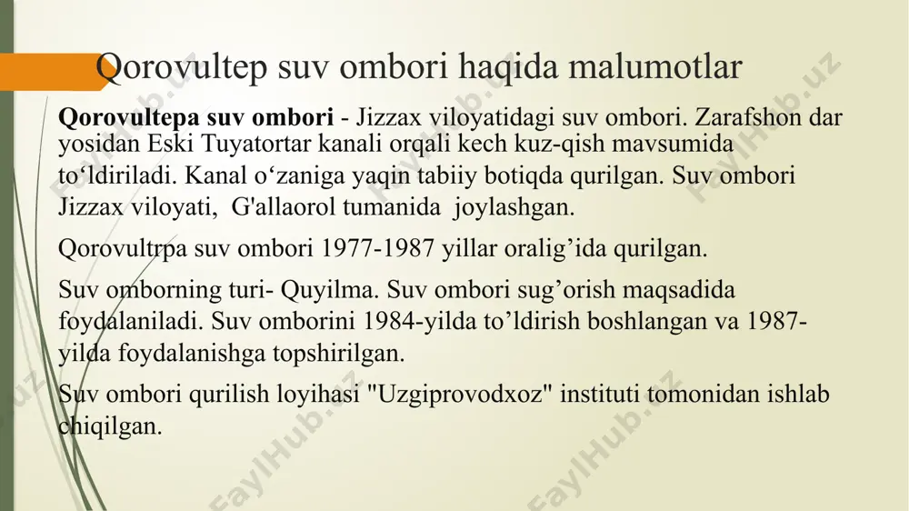 i tashkil etish; - kam miqdorda loyqa cho'kishini ta'minlash; - suv omborini ishlatish muddatini oshirish; - suv omborini, inshootlarni, suv ombori yaqinida joylashgan axolini, o'zan pastida joylashgan maydonlar va x.k. larni xavfsizligini ta'minlash; - suvdan foydalanuvchi va iste'molchilarni xar xil suvlilik yillarda suv bilan ta'minlashni tartibga solish. xulosa men ushbu malakaviy bitiruv ishida qorovultepa suv omborini loyihasini ko’rib chiqdim. suv ombori loyixaviy parametrlarini taxlil qilib, suv omboridagi kamchiliklarni o‘rgandim. malakaviy bitiruv ishini bajarishda nazariy bilimlarimni qo’llagan xolda, texnik adabiyotlar va me’yoriy xujjatlardan foydalanib kerakli xulosalarga erishdim. image1.png image2.png image3.png image4.png image5.png image6.emf тугон 3 а в т о й у л башнали сув чикаргич сув келтирувчи канал к а н а л э с к и т ю я т а р т а р тугон 1 т а ш к е н т - с а м а р к а н д а в т о й у …