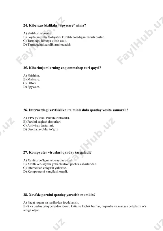 nuvchining tizimga kirishini tekshirish jarayoni. b) ma'lumotlarni shifrlash jarayoni. c) tarmoqni himoya qilish jarayoni. d) foydalanuvchi nomlarini saqlash. 41. kiberxavfsizlikni ta'minlashda antivirus qanday rol o‘ynaydi? a) kompyuter tizimining ishlash tezligini oshiradi. b) foydalanuvchining internetga kirishini cheklaydi. c) tizimga kirgan zararli dasturlarni aniqlaydi va olib tashlaydi. d) parollarni saqlaydi. 42. xavfsizlikni ta'minlashda eng muhim amaliyot qaysi? a) ma'lumotlarni shifrlash. b) tarmoqni tezlashtirish. c) antivirus dasturini yangilash. d) yangi tizim o‘rnatish. 43. "trojan horse" dasturi nima? a) kompyuter tizimida hujumni amalga oshirish uchun o‘rnatilgan zararli dastur. b) foydalanuvchining shaxsiy ma'lumotlarini o‘g‘irlash dasturi. c) tarmoqni himoya qilish dasturi. d) tizimni tezlashtirish dasturi. 44. kiberxavfsizlikda "breach" nima? a) tarmoqni himoya qilish usuli. b) foydalanuvchi ma'lumotlarini saqlash jarayoni. c) kiberhujum natijasida tizimga ruxsatsiz kirish. d) ma'lumotlarni shifrlash. 46. "social engineering" hujumi qanday amalga oshiriladi? a) tarmoqni buzish. b) foydalanuvchilarga aldovli ma'lumotlar yuborish va ularni ishontirish. c) kompyuterni tezlashtirish. d) tarmoqdagi barcha ma'lumotlarni shifrlash. 47. "man-in-the-middle" …