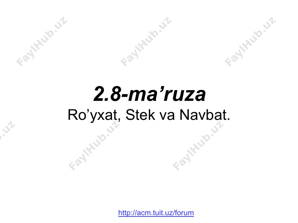 i ... // q bilan nimadir qilish q = q->next; // keying tugunga o’tish } ... null head q * * ro’yxat oxiridan tugun qo’shish masala: ro’yxat oxiridan yangi tugun qo’shish. algoritm: q->next null ga teng bo’lsa oxirgi q tugunni topish; q manzilli tugundan keyin tugun qo’shshish (addafter prosedurasi). maxsus holat: bo’sh ro’yxatni qo’shish. void addlast ( pnode &head, pnode newnode ) { pnode q = head; if ( head == null ) { addfirst( head, newnode ); return; } while ( q->next ) q = q->next; addafter ( q, newnode ); } maxsus holat – bo’sh royxat qo’shish oxirgi tugunni izlash q tugundan keyin tugun qo’shsihs * * muammo: oldingi tugunni manzilini bilish kerak, orqaga qaytish mumkin emas! yechim: oldingi q tugunni topish (ro’yxat boshidan boshlanadi). berilgandan oldin tugun qo’shish void addbefore ( pnode & head, pnode p, pnode newnode ) { pnode q = head; if ( head …