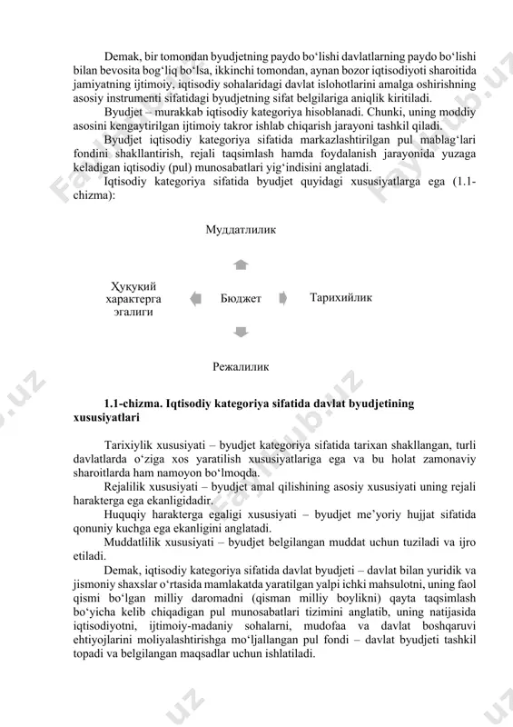 unitar davlat sifatida o‘zbekiston respublikasi byudjet tizimi ikki bo‘g‘indan – respublika byudjeti va mahalliy byudjetlardan tashkil topadi. bu byudjetlar mamlakatimizdagi davlat byudjeti amal qilishining tashkiliy shakli bo‘lib xizmat qiladi. davlat byudjeti o‘z ichida respublika byudjetini, qoraqalpog‘iston respublikasi byudjetini va keng tarmoqli mahalliy byudjetlarni birlashtiradi. o‘zbekiston respublikasi byudjet kodeksining “byudjet tizimi tushunchasi va prinsiplari” deb nomlangan 2-bobining 6-moddasida byudjet tizimiga quyidagicha ta’rif berilgan: “byudjet tizimi barcha darajadagi byudjetlar, davlat maqsadli jamg‘armalari byudjetlari va byudjet tashkilotlarining byudjetdan tashqari jamg‘armalari, byudjet tizimi byudjetlarini tuzish va tashkil etish prinsiplari, ular o‘rtasida byudjet jarayoni mobaynida yuzaga keladigan o‘zaro munosabatlar yig‘indisini o‘zida ifodalaydi. moliya yili uchun byudjet tizimi byudjetlarini shakllantirish, tuzish, ko‘rib chiqish, qabul qilish, tasdiqlash va ijro etish o‘zbekiston respublikasining milliy valyutasi – so‘mda amalga oshiriladi”[footnoteref:2]. [2: o‘zbekiston respublikasi byudjet kodeksi. o‘zbekiston respublikasi qonun hujjatlari to‘plami, 2013 y., 52-i-son. 6-modda.] bugungi kunda davlat byudjetida davlatning byudjetdan tashqari maqsadli fondlari ham konsolidatsiyalashadi (jamlanadi), ular davlat byudjeti …