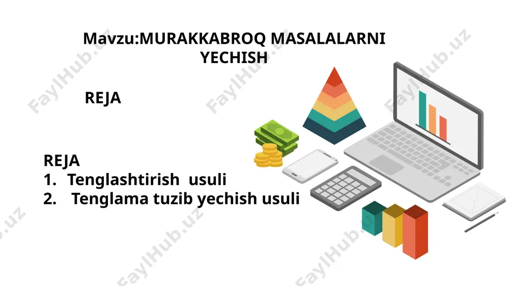 ga qaraganda 4 marta ko'p kartoshka terildi. birinchi kun qancha kartoshka terilgan? namuna:yuqorida ko'rilgan 5-misol. masalalarni ikki xil usulda yeching va o'zaro solishtiring. qizil kartochkalar uchun masala 5 hissa suvga 2 hissa tuz qo'shib aralashma hosil qilindi. 14 kg aralashma hosil qilish uchun qancha tuz kerak bo'ladi? namuna: yuqorida ko'rilgan 6 -misol. masalalarni ikki xil usulda yeching va o'zaro solishtiring. yashil kartochkalar uchun masala 5-«a» va 5-«b» sinflarida jami 74 ta o'quvchi o'qiydi. 5-«a» sinfda 5-«b» sinfga qaraganda 6 ta ko'p o'quvchi o'qiydi. har bir sinfda nechtadan o'quvchi bor? namuna: yuqorida ko'rilgan 5-misol. masalalarni ikki xil usulda yeching va o'zaro solishtiring. sariq kartochkalar uchun masala ikki mahallada jami 3274 nafar fuqaro istiqomat qiladi. birinchi mahallada ikkinchisiga qaraganda 342 nafar fuqaro ko'p yashaydi. har bir mahallada necha nafardan fuqaro yashaydi? namuna: yuqorida ko'rilgan 5-misol. masalalarni ikki xil usulda yeching va o'zaro solishtiring. pushti kartochkalar uchun masala muzqaymoq do'konida bir kunda jami …