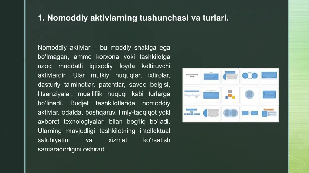 eskirishi ularning vaqt o‘tishi bilan iqtisodiy qiymatining pasayishi jarayonidir. budjet tashkilotlarida nomoddiy aktivlarning eskirishi amortizatsiya yo‘li bilan amalga oshiriladi. amortizatsiya esa aktivning foydali foydalanish muddatiga qarab yil davomida tekis usulda hisoblanadi. eskirish jarayoni aktivning ishlab chiqarish yoki xizmat ko‘rsatish samaradorligini pasaytirishi mumkin, shuning uchun uning qiymati buxgalteriya hisobida kamaytiriladi. nomoddiy aktivlarni hisobdan chiqarish uchun ular foydalanishga yaroqsiz holga kelgan yoki chiqarilishiga qaror qilingan bo‘lishi kerak. bunday holatda, aktivni hisobdan chiqarish jarayonida uning eskirgan qiymati va qoldiq qiymati hisobga olinadi. hisobdan chiqarish uchun tegishli hujjatlar tayyorlanadi, masalan, komissiya qarori yoki rasmiy hujjatlar, va aktivlarning qiymati buxgalteriya yozuvlarida aks ettiriladi. shuningdek, hisobdan chiqarilgan nomoddiy aktivlarning moliyaviy ta’siri va zarari hisobotlarda ko‘rsatiladi. etiboringiz uchun rahmat! image4.jpeg image5.png image6.jpeg image2.png image3.png /docprops/thumbnail.jpeg