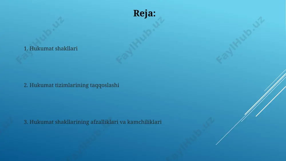 ta asosiy hokimiyat tarmog'i – qonun chiqaruvchi, ijro etuvchi va sud hokimiyati mavjud bo'lib, ularning o'zaro nazorati va muvozanati ta'minlanadi. monarxiya monarxiyaning 3000 yildan ortiq tarixi mavjud bo'lib, turli shakllarda, masalan, mutlaq monarxiya va konstitutsiyaviy monarxiya kabi tizimlarda namoyon bo'lgan. hozirgi kunda dunyoda 40 dan ortiq davlat konstitutsiyaviy monarxiya shaklida boshqariladi, bu yerda monarxning vakolatlari konstitutsiya bilan cheklangan. teokratiya tarixda koʻplab teokratiyalar mavjud boʻlib, ularning 70% dan ortigʻi 18-asr oxirigacha mavjud boʻlgan va koʻpincha siyosiy beqarorlik va ijtimoiy adolatsizlik bilan ajralib turgan. teokratiyalarda din rahbarlari yoki ruhoniylar siyosiy hokimiyatga ega boʻlib, 20 dan ortiq davlat organlarini nazorat qiladilar va qonunlar diniy qoidalarga asoslanadi. e'tiboringiz uchun rahmat @taqdimot_robot image1.jpg image2.jpg image3.jpg image4.jpg image5.jpg image6.jpg image7.jpg