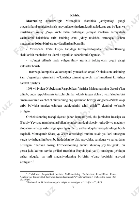 ‘z qo‘limiz bilan quramiz.7-jild. –t., o‘zbekiston.1999.-146 b.] o‘rta osiyo, jumladan, o‘zbekiston tarixini o‘rganishda turli yozma manbalar bilan birga tarixiy kartalar hamda ulardagi ma’lumotlar ham asosiy manbalardan biri hisoblanadi. mavzuning o’rganilganlik darajasi: buyuk geografik kashfiyotlar va yevropada kitob bosishning o‘zlashtirilishi kartografik manbalarga bo‘lgan qiziqishni orttirgan. yevropada o‘lkamiz haqidagi tarixiy-kartografik ma’lumotlar dastlab faqat yozma shakldagi matnlar va uzuq-yuluq tasavvurlardan iborat bo‘lgan bo‘lsa, keyinroq xvi asrga kelib tarixiy kartografiya fani shakllangach, kartalardagi yangi ma’lumotlar bilan ancha boyidi. bunda g‘arb va sharq mamlakatlari o‘rtasida savdo-sotiq aloqalarining kuchayishi, dengizlarda kema qatnovining ortishi katta turtki bo‘ldi. yevropa, jumladan, rossiyaning hukmron doiralari o‘z manfaatlarini o‘rta osiyoning boy iqtisodiy hududi orqali kengaytirishga intilishi ham bu yerlar haqida tarixiy-kartografik ma’lumotlarga tayanib ish tutishni taqozo etgan. shu jihatdan yevropalik va rus diplomatik elchiliklari va missiyalarining to‘plagan ma’lumotlari asosida o‘rta osiyo haqida tarixiy-kartografik ma’lumotlar to‘plana borgan. ularni ilk bor tarixiy jarayonlar bilan bog‘liq holda manbaviy ahamiyati jihatidan o‘rganish maqsadida mazkur monografiyada …