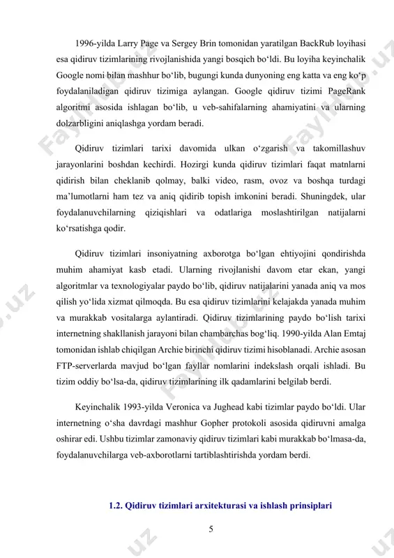 i foydalanuvchiga aniq va tushunarli shaklda taqdim etiladi. odatda, eng dolzarb natijalar birinchi sahifada joylashadi, shu bilan birga qidiruv tizimi natijalarda turli xil formatlarni (matn, rasm, video va boshqalar) ham ko‘rsatadi. ishlash prinsiplari qidiruv tizimlari quyidagi asosiy ishlash prinsiplari asosida faoliyat yuritadi: relevans (dolzarblik): tizim foydalanuvchi so‘roviga mos keluvchi eng tegishli ma’lumotlarni taqdim etishga harakat qiladi. bu jarayonda qidiruv algoritmlari matnning mazmunini, kalit so‘zlar va foydalanuvchi qidiruv tarixini hisobga oladi. tezkorlik: qidiruv tizimi foydalanuvchi so‘roviga bir necha soniya ichida natija berishi kerak. buning uchun yuqori tezlikdagi indekslash va qayta ishlash mexanizmlari joriy etilgan. qidiruv tizimlarining samarali ishlashi uchun texnologik rivojlanish va algoritmlarning doimiy takomillashtirilishi talab etiladi. bugungi kunda sun’iy intellekt va mashinani o‘rganish texnologiyalari qidiruv tizimlarining ishlash prinsiplariga faol tatbiq etilmoqda. bu esa foydalanuvchilarga yanada samarali va tezkor xizmat ko‘rsatishga imkon yaratmoqda. ii bob. zo‘r natijalarga erishish uchun qidiruv tizimlarini optimallashtirish 2.1. qidiruv tizimlarining optimallashtirish usullari va algoritmlari qidiruv tizimlarining …