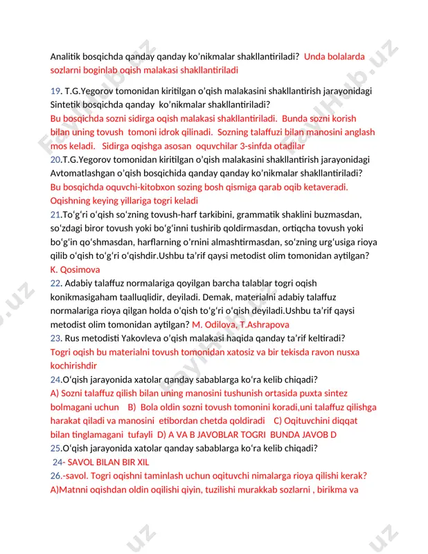san oquvchilar 3-sinfda otadilar 20.t.g.yegorov tomonidan kiritilgan o’qish malakasini shakllantirish jarayonidagi avtomatlashgan o’qish bosqichida qanday qanday ko’nikmalar shakllantiriladi? bu bosqichda oquvchi-kitobxon sozing bosh qismiga qarab oqib ketaveradi. oqishning keying yillariga togri keladi 21.to‘g‘ri o‘qish so‘zning tovush-harf tarkibini, grammatik shaklini buzmasdan, so‘zdagi biror tovush yoki bo‘g‘inni tushirib qoldirmasdan, ortiqcha tovush yoki bo‘g‘in qo‘shmasdan, harflarning o’rnini almashtirmasdan, so‘zning urg‘usiga rioya qilib o‘qish to‘g‘ri o‘qishdir.ushbu ta’rif qaysi metodist olim tomonidan aytilgan? k. qosimova 22. adabiy talaffuz normalariga qoyilgan barcha talablar togri oqish konikmasigaham taalluqlidir, deyiladi. demak, materialni adabiy talaffuz normalariga rioya qilgan holda o‘qish to‘g‘ri o‘qish deyiladi.ushbu ta’rif qaysi metodist olim tomonidan aytilgan? m. odilova, t.ashrapova 23. rus metodisti yakovleva o’qish malakasi haqida qanday ta’rif keltiradi? togri oqish bu materialni tovush tomonidan xatosiz va bir tekisda ravon nusxa kochirishdir 24.o‘qish jarayonida xatolar qanday sabablarga ko‘ra kelib chiqadi? a) sozni talaffuz qilish bilan uning manosini tushunish ortasida puxta sintez bolmagani uchun b) bola oldin …