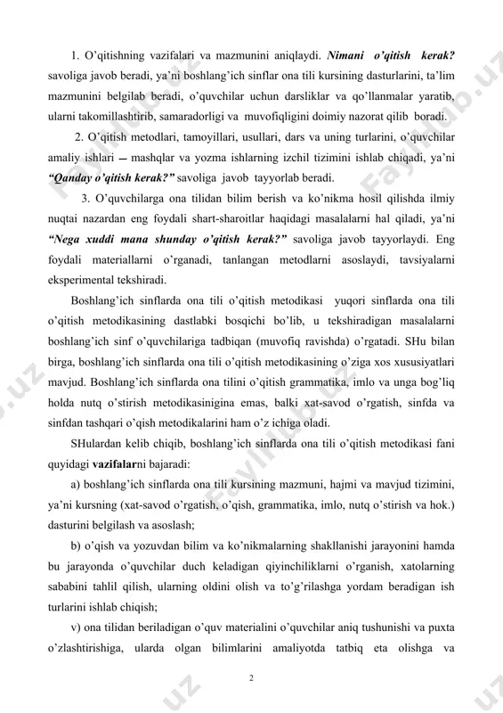 a shunday o’qitish kerak?” savoliga javob tayyorlaydi. eng foydali materiallarni o’rganadi, tanlangan metodlarni asoslaydi, tavsiyalarni eksperimental tekshiradi. boshlang’ich sinflarda ona tili o’qitish metodikasi yuqori sinflarda ona tili o’qitish metodikasining dastlabki bosqichi bo’lib, u tekshiradigan masalalarni boshlang’ich sinf o’quvchilariga tadbiqan (muvofiq ravishda) o’rgatadi. shu bilan birga, boshlang’ich sinflarda ona tili o’qitish metodikasining o’ziga xos xususiyatlari mavjud. boshlang’ich sinflarda ona tilini o’qitish grammatika, imlo va unga bog’liq holda nutq o’stirish metodikasinigina emas, balki xat-savod o’rgatish, sinfda va sinfdan tashqari o’qish metodikalarini ham o’z ichiga oladi. shulardan kelib chiqib, boshlang’ich sinflarda ona tili o’qitish metodikasi fani quyidagi vazifalarni bajaradi: a) boshlang’ich sinflarda ona tili kursining mazmuni, hajmi va mavjud tizimini, ya’ni kursning (xat-savod o’rgatish, o’qish, grammatika, imlo, nutq o’stirish va hok.) dasturini belgilash va asoslash; b) o’qish va yozuvdan bilim va ko’nikmalarning shakllanishi jarayonini hamda bu jarayonda o’quvchilar duch keladigan qiyinchiliklarni o’rganish, xatolarning sababini tahlil qilish, ularning oldini olish va to’g’rilashga yordam beradigan …