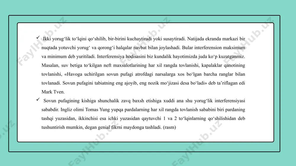 kogerent to‘lqinlar manbalari bo‘ladi. ko‘zgular orasidagi  burchak qancha kichik bo‘lsa, s1 s2=2l masofa shuncha kichikroq va, binobarin, interferension manzara shuncha yirikroq bo‘ladi. interferensiyalashuvchi dastalar hali qisman ustma-ust tushaoladigan maksimal fazoviy burchakni va shartdan topiluvchi burchak aniqlaydi. bunda ekran yetarlicha uzoqda joylashgan bo‘lishi kerak. qaytish qonunlariga asosan, 2=2, bu yerda  - ko‘zgular orasidagi burchak. shunday qilib, ustma-ust tushuvchi dastalar aperturasi 2 dan katta bo‘la olmaydi. chekli masofada joylashgan ekran uchun interferensiya aperturasi ham, ya’ni qaytgandan so‘ng ancha uzoqdagi ekranning biror nuqtasida uchrashib, interferensiyalashuvchi nurlar jufti orasidagi burchak ham 2 qiymatga ega bo‘ladi. 4 – rasmda s1 s2 dan chekli masofada joylashgan ekran maydonining markaziy m nuqtasi uchun interferensiya aperturasi ko‘rsatilgan. (4-rasm) interferensiya hodisasiga asoslanib ishlaydigan qurilmalar frenelning biprizmasi yorugʻlik interferensiyasi amalda juda koʻp joylarda qoʻllanadi. fizika tadqiqot va texnik tadbiqlar uchun turli xil interferension asboblar-interfrometrlar ishlab chiqilgan. ularning barchasi bitta prinsipga asoslangan boʻlib, faqat tuzilish jihatdan farq qiladi. interfrometrlar …