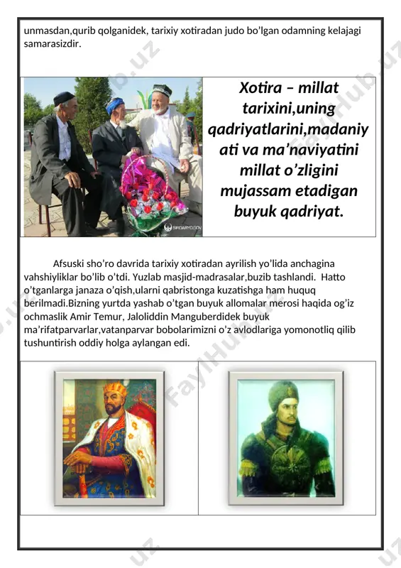 shtirish maqsadida 1999 – yil 2 – mayda o’zbekiston respublikasi prezidentining farmoni e’lon qilindi. farmonga ko’ra 9 – may “ xotira va qadrlash ” kuni deb belgilandi. xotira va qadrlash kuni umumxalq bayrami sifatida o’zbekistonda birinchi marotaba keng nishonlandi. qo’ling qadog’iga bosay yuzimni, onamsan-ku og’ir olma so’zimni. qayinbarglar yopib qaro ko’zini, olislarda qolgan usmonlaring bor. qurboning bo’layin ey onajonim, sening faryodlaring – mening fig’onim. o’tmishingni o’ylab o’rtanar jonim, aytsam ado bo’lmas armonlaring bor. xotira kuni … kimdir xotira maydonida urushdan qaytmagan yaqinlarini eslasa, kimdir qarindoshlari qabrini ziyorat qiladi. yana kimdir nuroniy ota-onasi,tabarruk buvi – buvalarining holidan habar oladi, ko’ngillarini ko’taradi. chunki bu kun qadrlash kuni hamdir. xotira maydoni bizning baxtli kelajagimiz uchun jon berganlar ruhi yod etiladigan muqaddas qadamjo bo’lib qoldi. u bizga bugungi shirin hayotimiz,totli turmushimiz qanday qurbonlar evaziga kelganligini, ularning qadriga yetishimiz kerakligini eslatib turadi. bag’rim o’rtar bu oy bahor ayyomlar, oy borgan yoqlarga termulib shomlar. aybin bilmay …