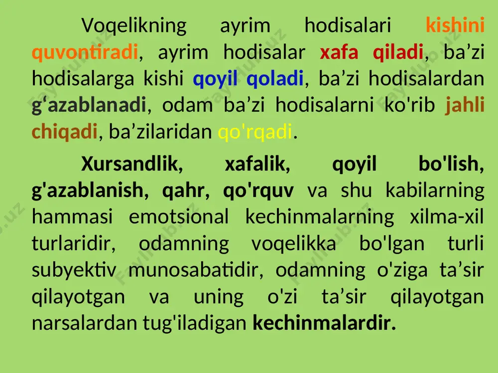 hissiyotlar mana shunday astenik hissiyotlardir. 2. hissiyotning fiziologik asoslari emotsional kechinmalar organizmdagi alohida fiziologik jarayonlar, o'zgarishlar bilan bog'liq ekanligi har kungi tajribada ko'rinib turibdi. masalan, emotsional kechinmalar chog'ida qon aylanishi o'zgaradi, yurak urishi tezlashadi yoki susayadi. bir xil emotsional kechinmalar chog'ida odam qizaradi, boshqa bir xil emotsional kechinmalar chog'ida esa odam oqaradi yoki bo'zaradi. emotsional jarayonlarning yurak faoliyatidagi o'zgarishlar bilan bog'liq ekanligi shu qadar ayon sezilib turadiki, hatto oddiy tilda «his» bilan «yurak» degan so'z bir-biriga o'xshash ma’noda ishlatiladi. odatda, «yuragim orziqib ketdi», «yuragim orqamga tortib ketdi», «yuragim yorilay dedi» deb gapirilganida, «yurak» so'zi bilan qo'rqib ketish, sevinish kabi hislar ifodalanadi. emotsional kechinmalar vaqtida nafas olish ham o'zgaradi: ayrim kechinmalar vaqtida nafas olish tezlashadi, ayrim kechinmalar vaqtida esa nafas olish susayadi. shuningdek, ovqat hazm qilish jarayonlari va ichki sekretsiya bezlarining faoliyati ham o'zgaradi. emotsional jarayonlar butun organizmning faoliyatiga ta’sir qiladi. odamdagi hissiyotning fiziologik asosi, avvalo, bosh miya po'stida sodir bo'ladigan …