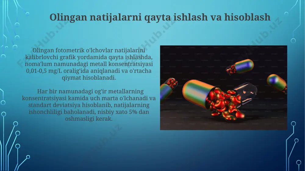 metallarning konsentratsiyasini aniqlash imkonini berib, analitik kimyoda keng qoʻllaniladi. ogʻir metallarning fotometrik aniqlash usullari, masalan, atom-absorbtsion spektroskopiya (aas) yordamida 1 ppm dan kam konsentratsiyalarda ham aniq natijalar beradi. spektrofotometrdan foydalanish va oʻlchovlar oʻtkazish spektrofotometr yordamida o'lchashdan avval, to'lqin uzunligini 500-700 nm oralig'ida aniqlash va kalibrlash egri chizig'ini tuzish zarur, bu aniq natijalar olish uchun muhimdir. absorbsiya qiymatlarini o'lchashda, har bir namunani kamida uch marta takrorlash orqali o'rtacha qiymatni hisoblash va standart og'ishni aniqlash tavsiya etiladi. reaktivlar va standart eritmalar tayyorlash 100 ml hajmli kolbaga 0,1 m hcl eritmasidan 5 ml qo'shib, keyin standart qo'rg'oshin (pb) eritmasini kerakli konsentratsiyaga yetkazish uchun distillangan suv bilan to'ldiring va yaxshilab aralashtiring. 50 ppmli mis (cu) standart eritmasi tayyorlash uchun 0,2497 g mis sulfat pentahidrat (cuso₄·5h₂o) aniq tortib olib, 1000 ml hajmli kolbaga joylashtiring va distillangan suv bilan belgigacha to'ldiring. e'tiboringiz uchun rahmat @taqdimot_robot image3.jpg image4.jpg image5.jpg image6.jpg image7.jpg image8.jpg image9.jpg image10.jpg image11.jpg image12.jpg image13.jpg …
